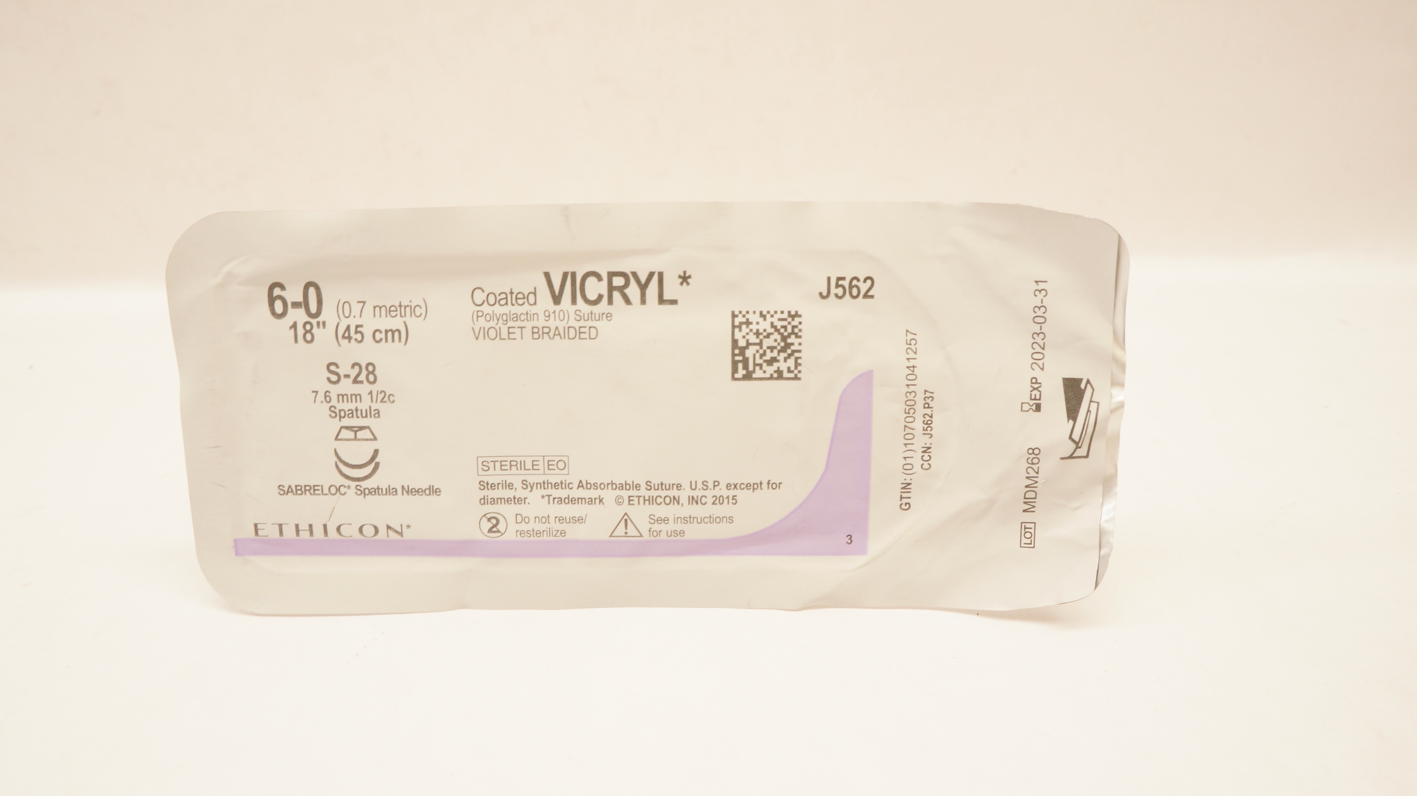 Ethicon J562 6-0 Coated VICRYL Stre S-28 7.6mm 1/2c Spatula, 18inch (x)