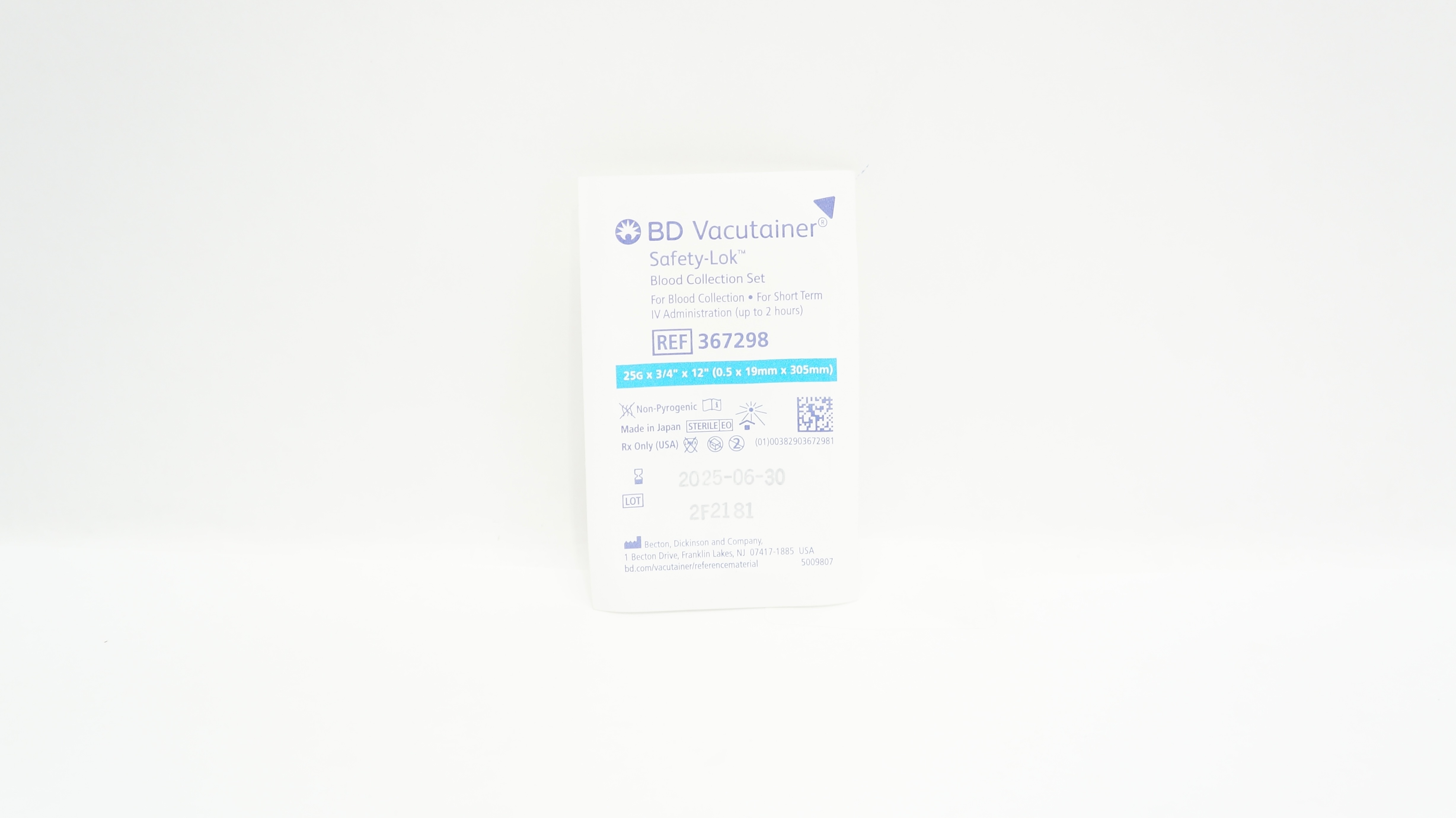 BD 367298 Vacutainer Safety-Lok Blood Collection Set 25G x 3/4inch x 12inch