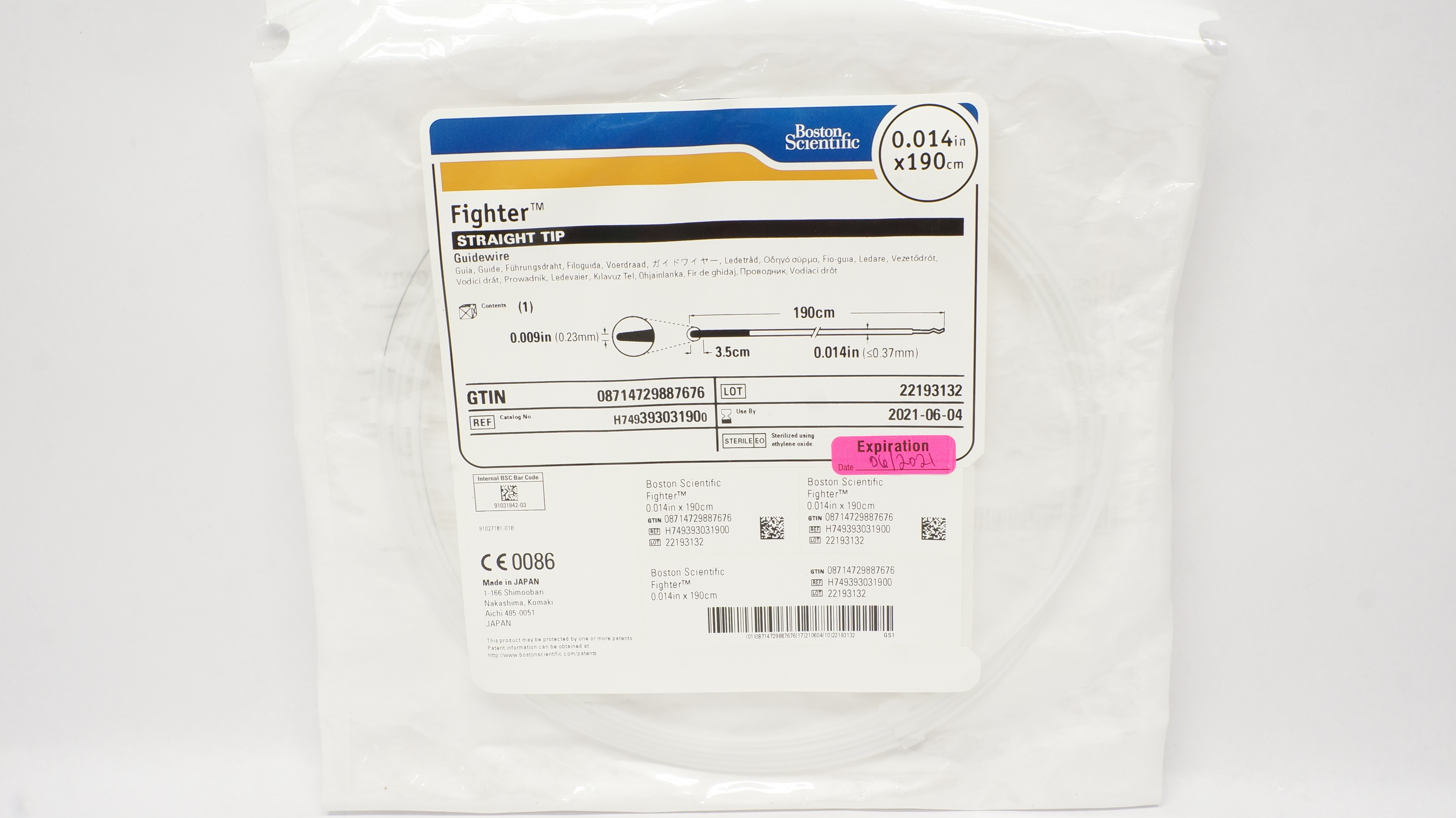 Boston Scientific H749393031900 Fighter StraightTip Guidewire 0.014inchx190cm(x)