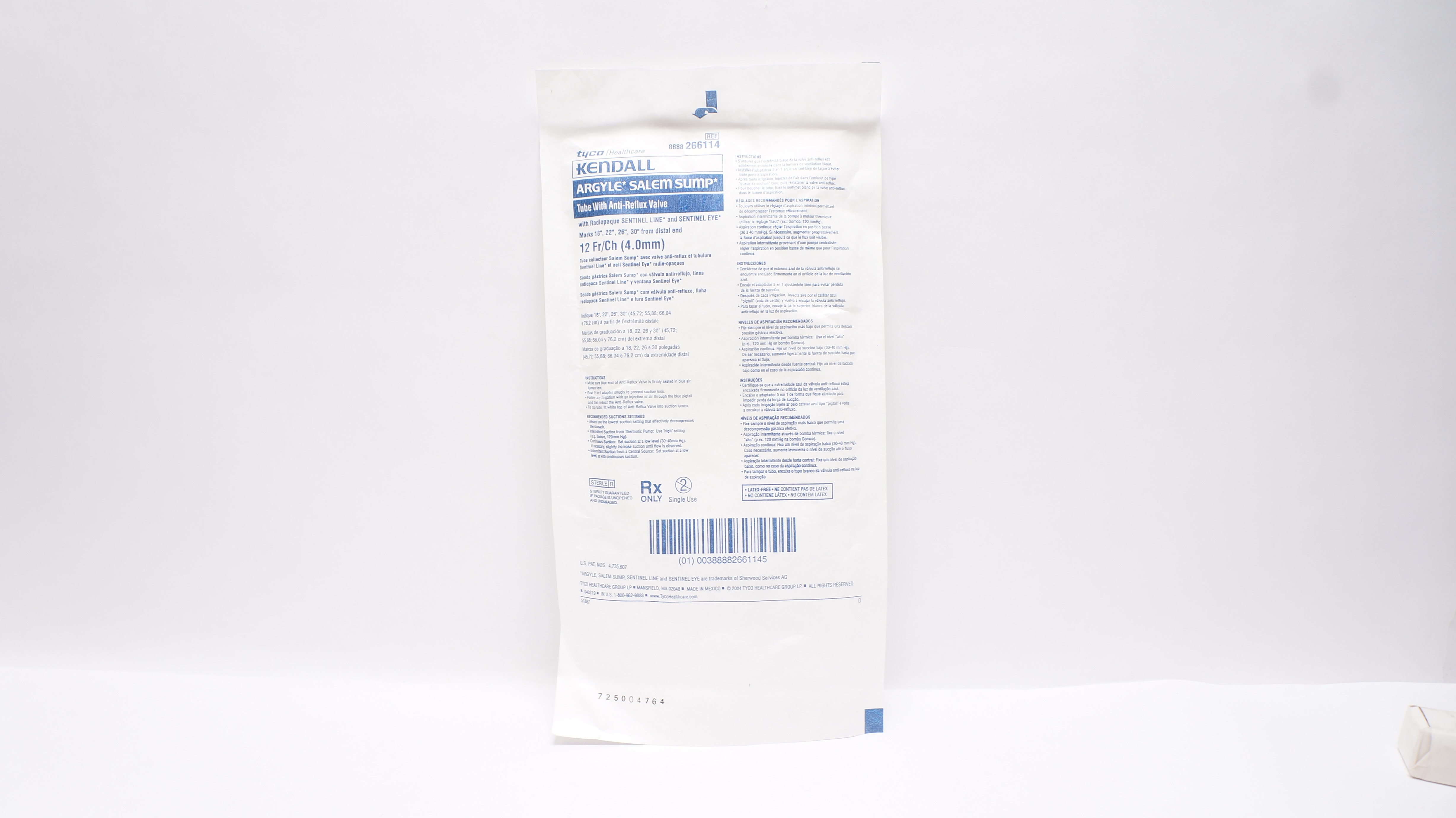 Tyco 266114 Kendall Argyle Salem Sump Tube w/Anti-Reflux Valve 12Fr/Ch