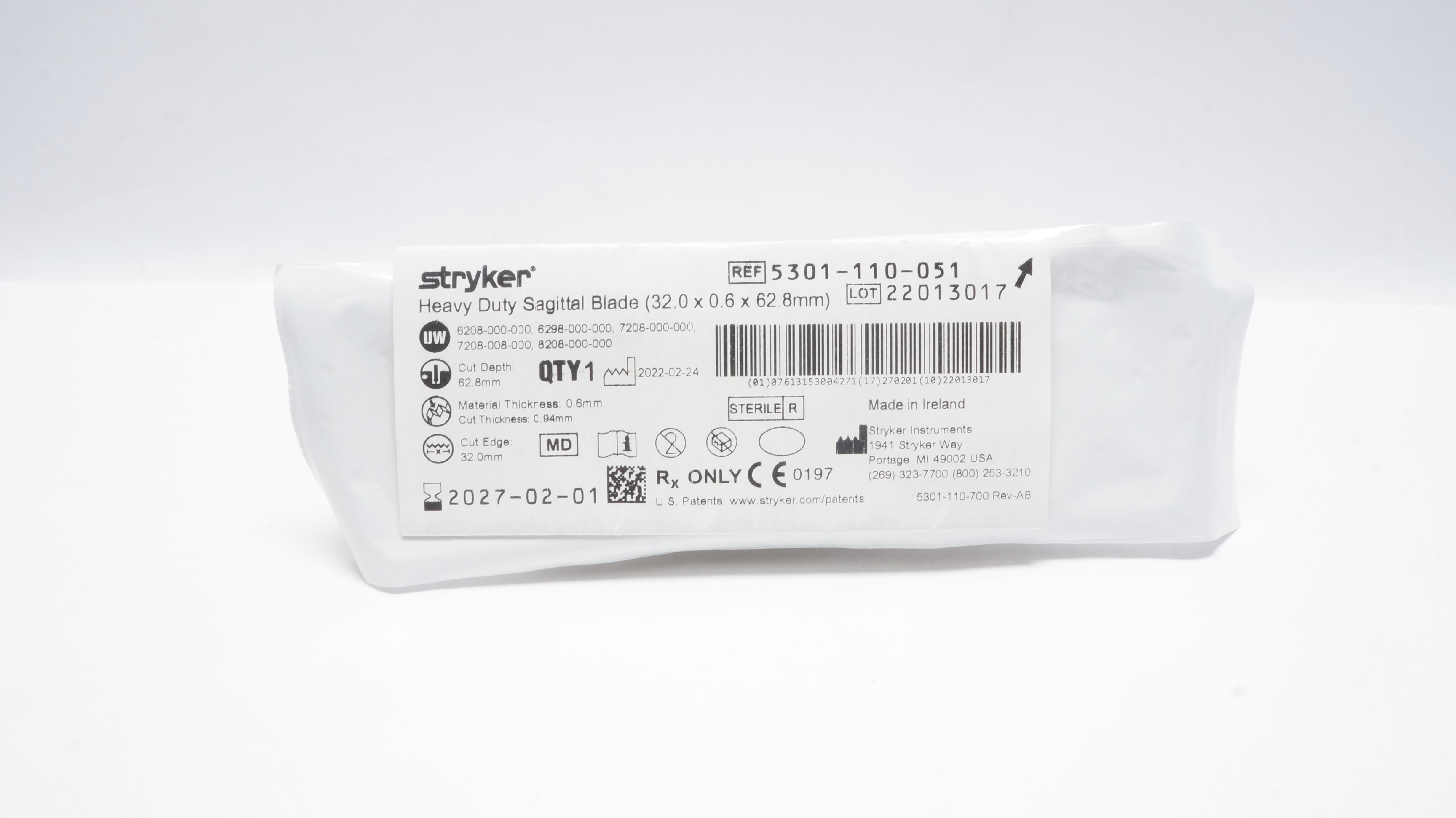 Stryker 5301-110-051 Heavy Duty Sagittal Blade 32.0 x 0.6 x 62.8mm