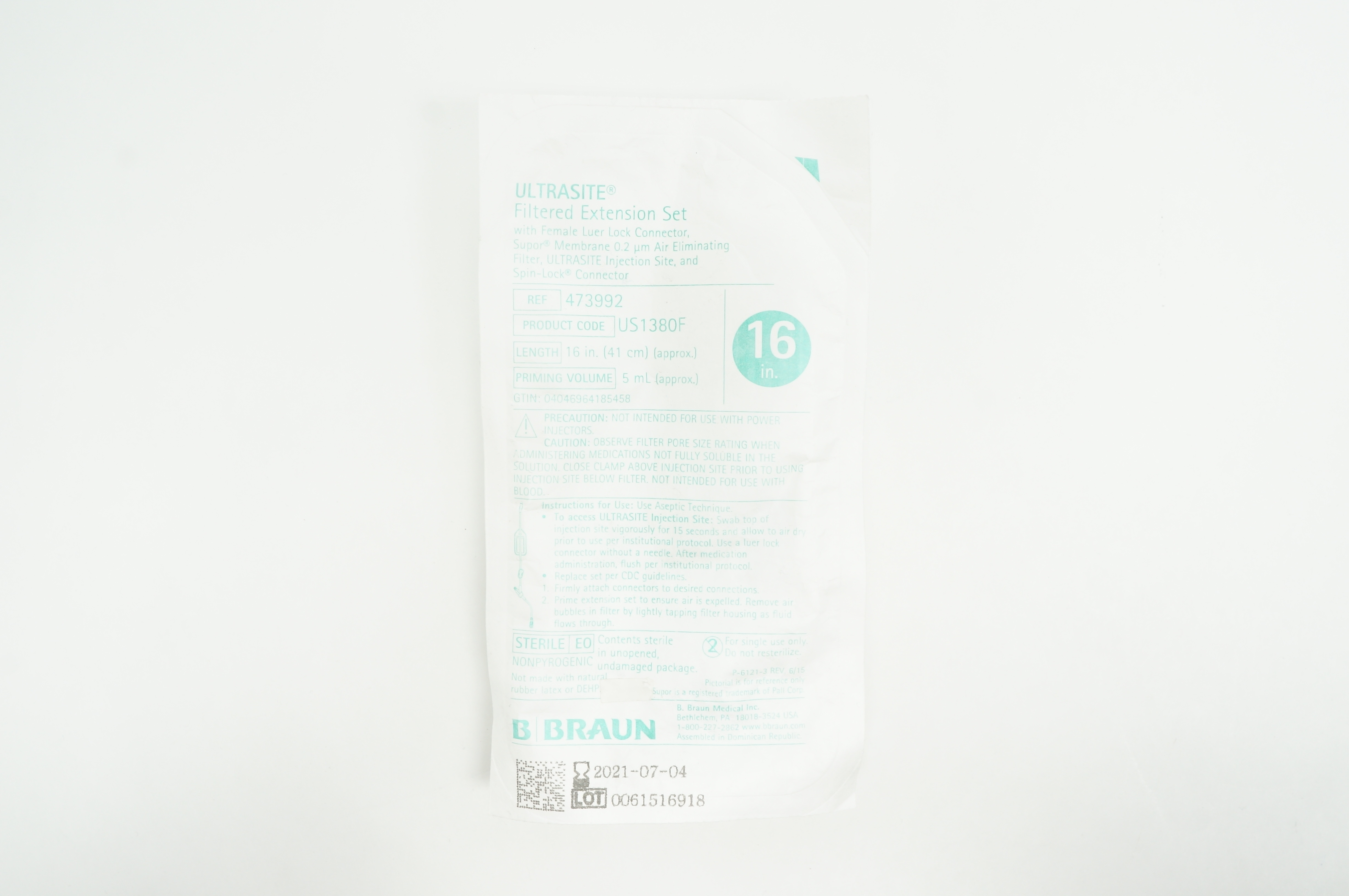 Braun 473992 Ultrasite Filtered Extension Set with Female Luer Lock 16in 5mL