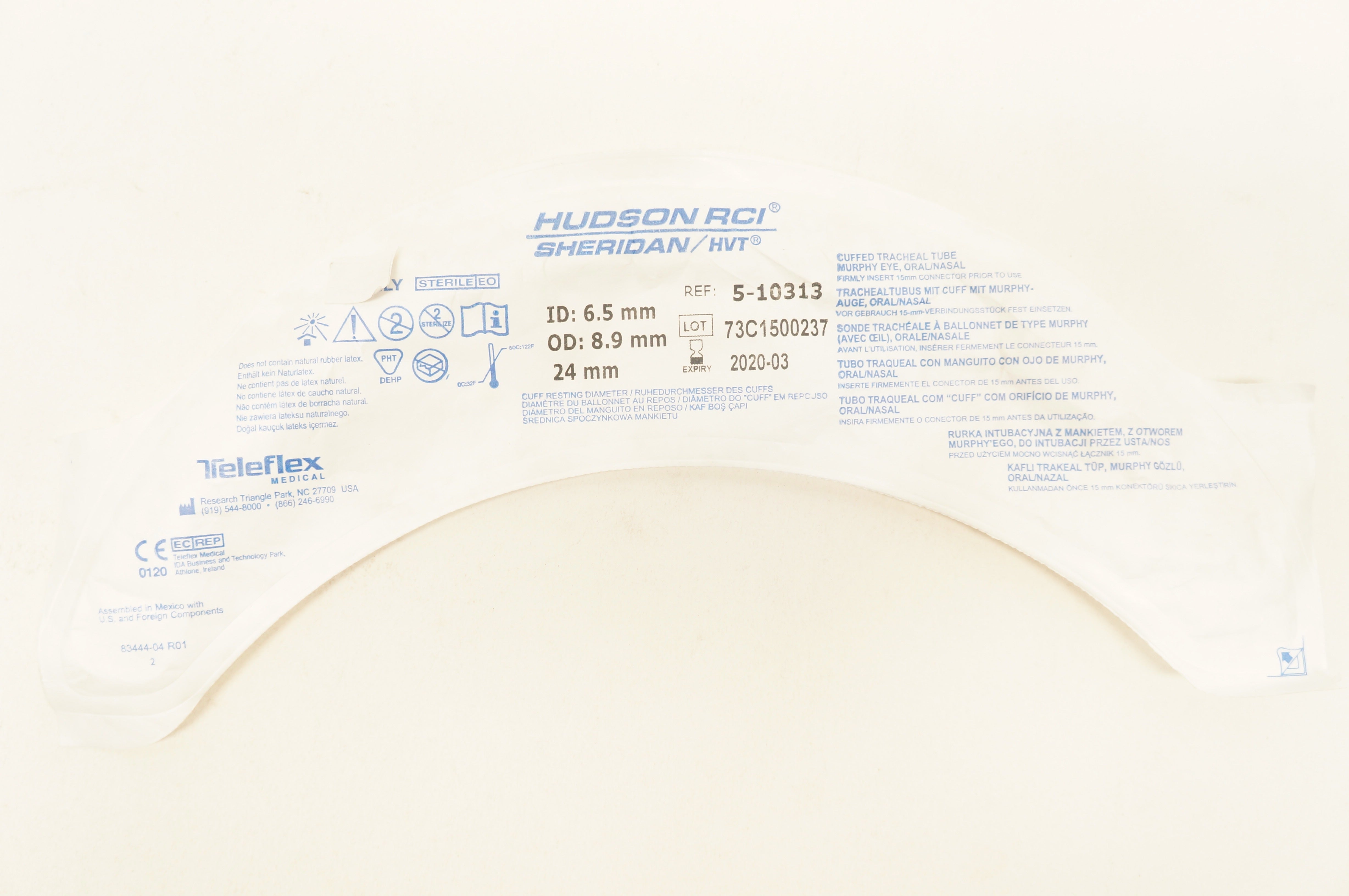 Teleflex 5-10313 Hudson RCI Sheridan HVT Cuffed Tracheal Tube 6.5x 8.9 x 24mm(x)