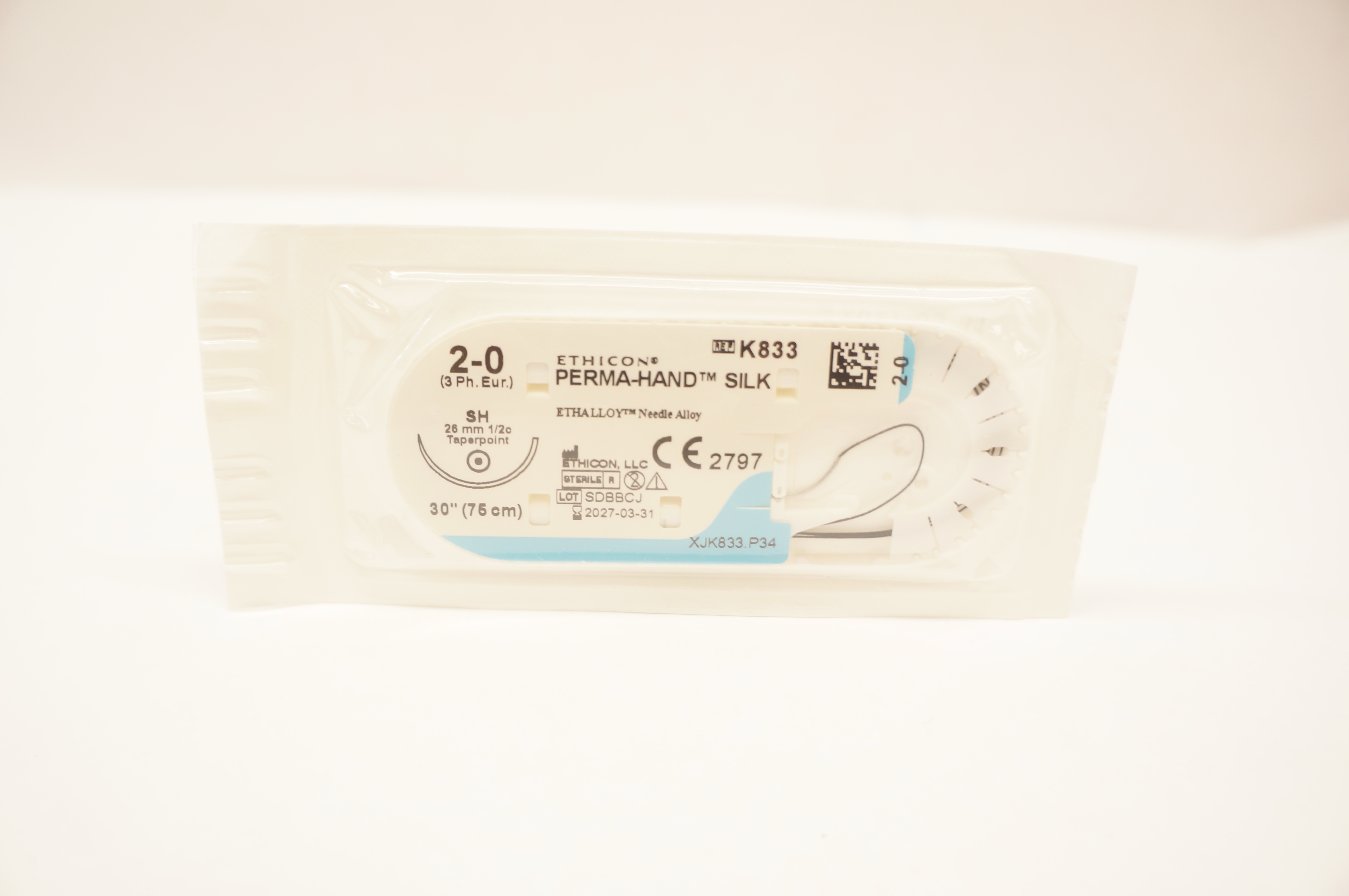 Ethicon K833 2-0 PERMA-HAND SILK Stre, SH 26mm 1/2c Taperpoint, 30inch