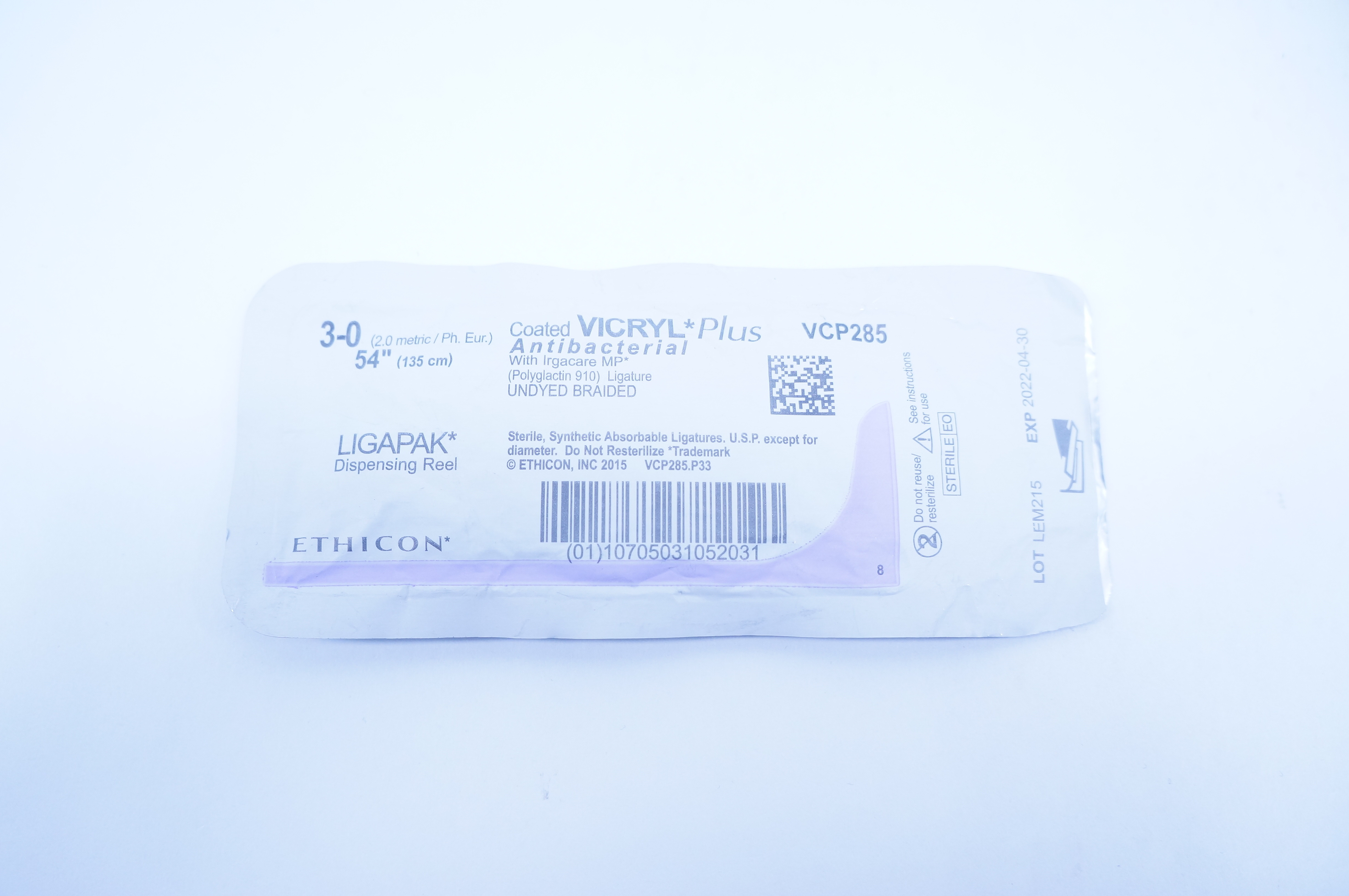 Ethicon VCP285 3-0 VICRYL, Plus Antibacterial Polyglactin 910 Stre., 54inch