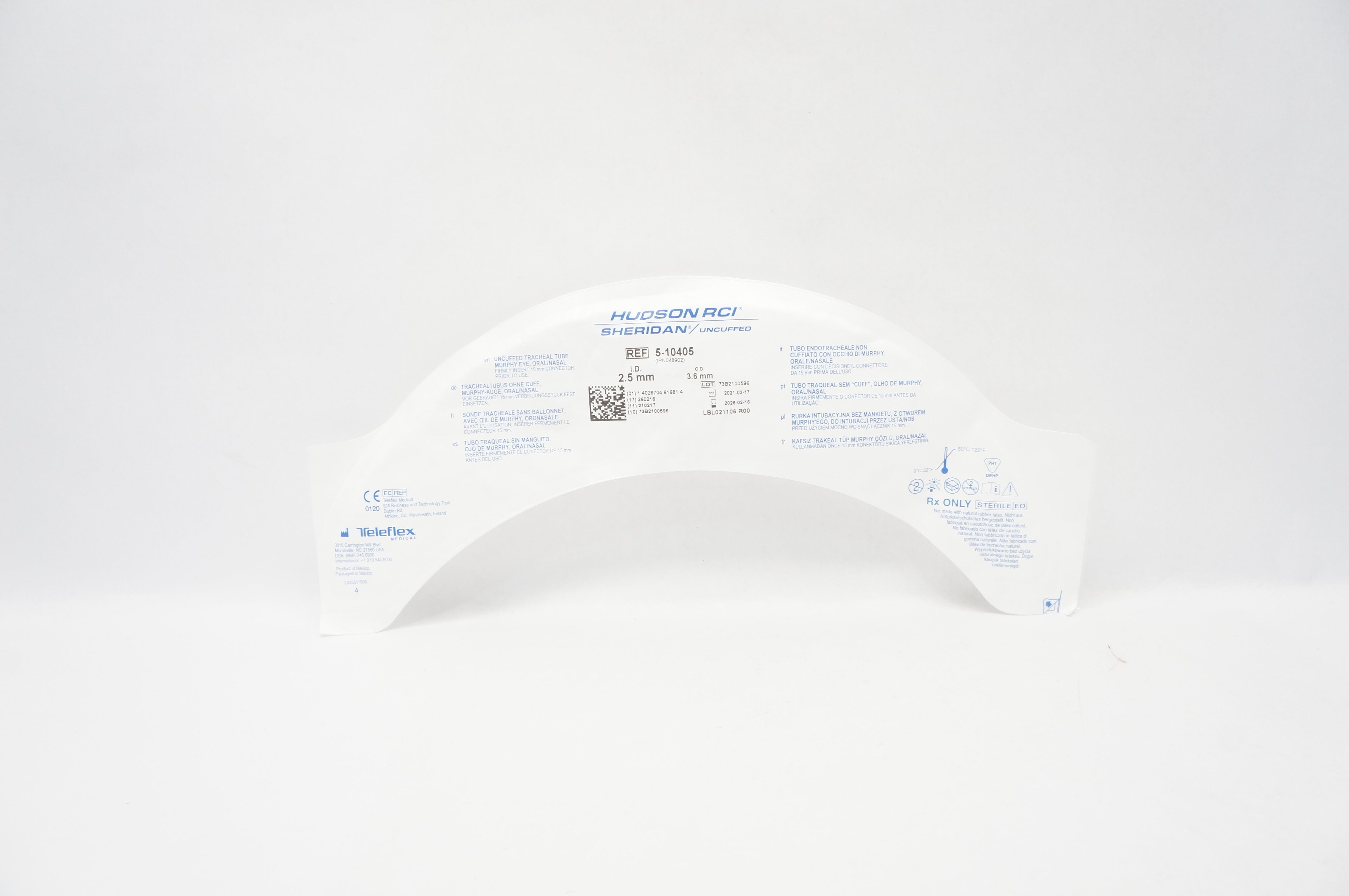 Teleflex 5-10405 Hudson RCI Sheridan Tracheal Tube Uncuffed 2.5mm ID x 3.6mm OD