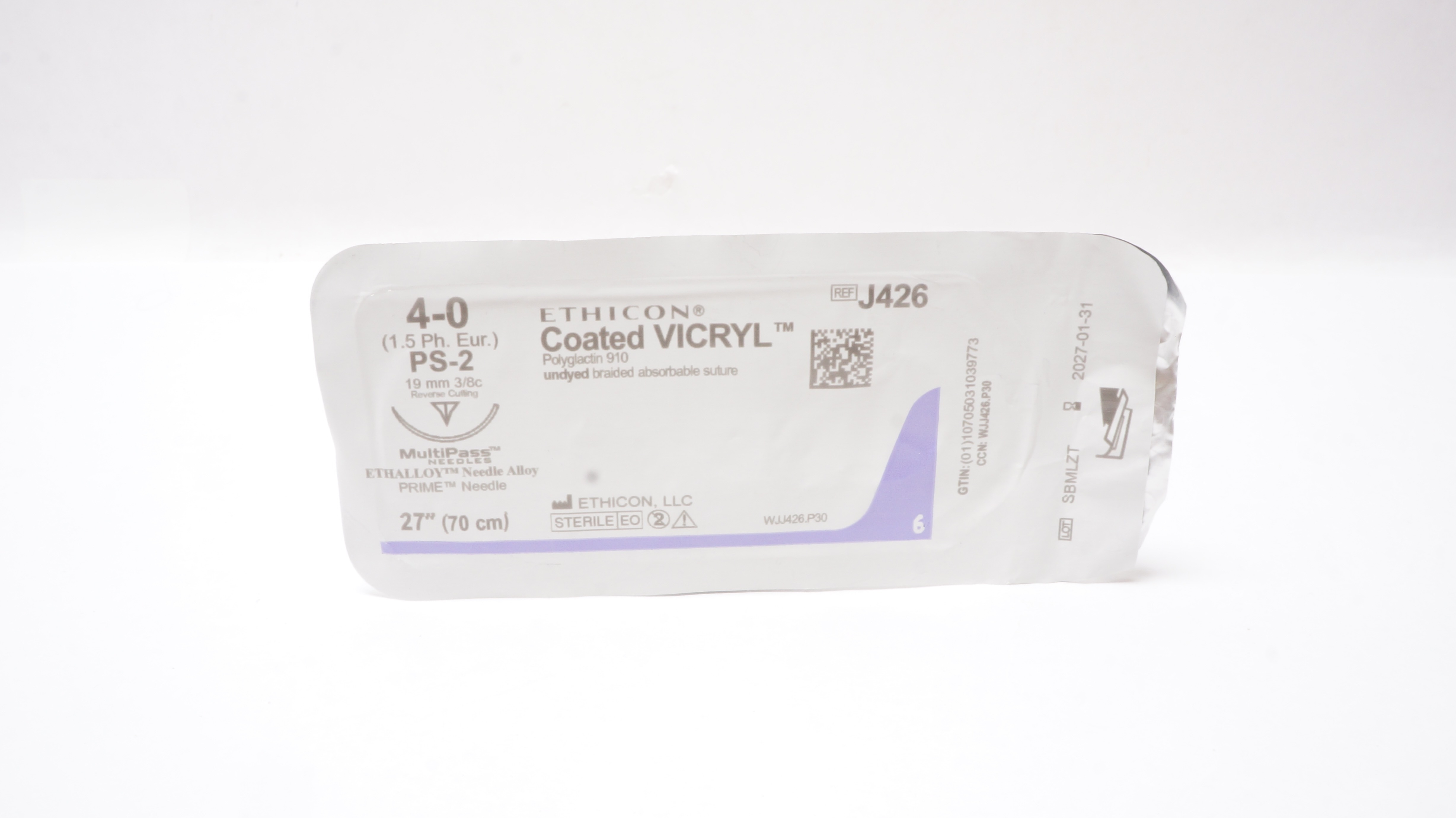 Ethicon J426 4-0 Coated VICRYL Stre PS-2 19mm 3/8c Reverse Cutting, 27inch