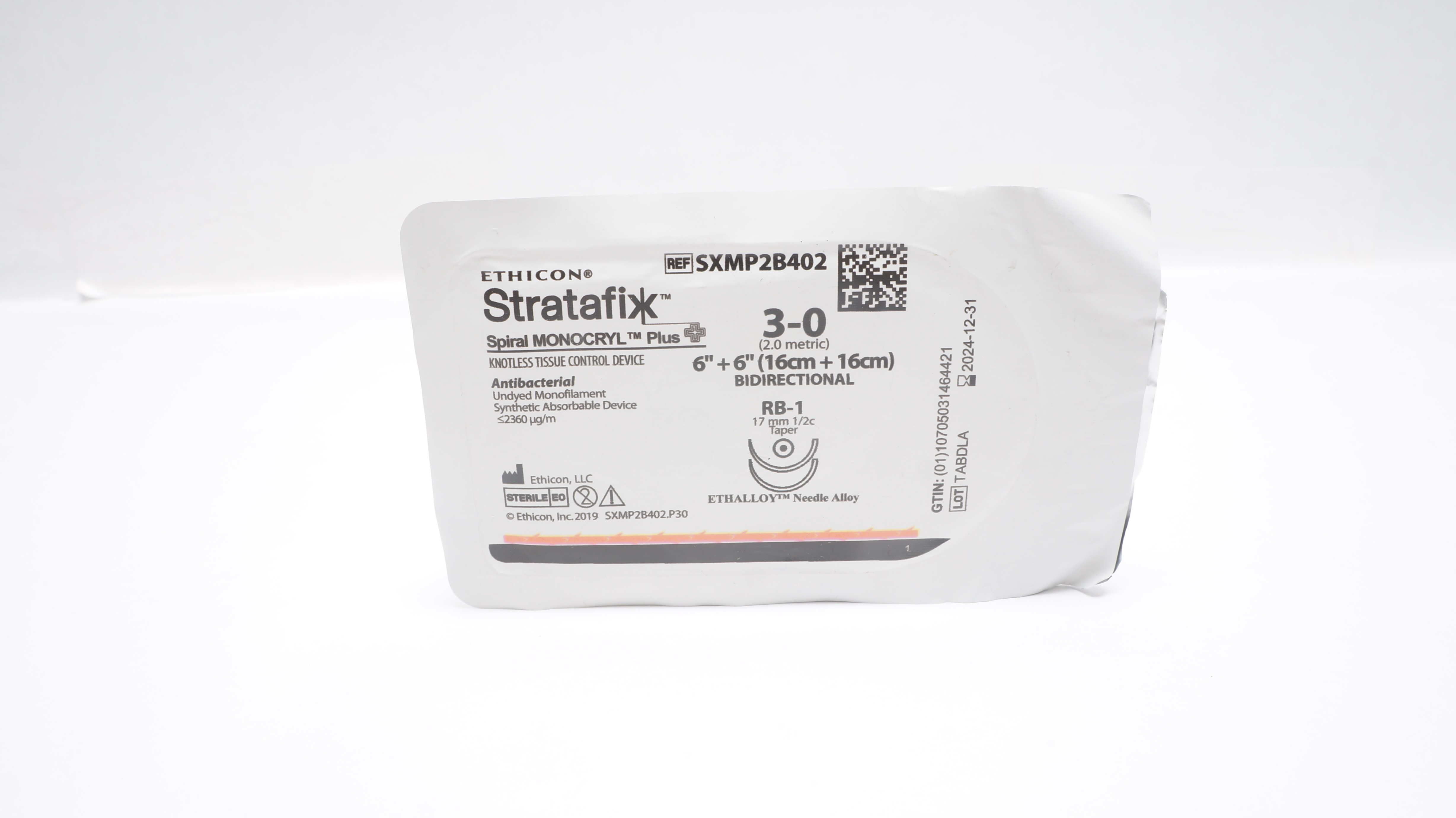 Ethicon SXMP2B402 3-0 Stratafix Spiral Monocryl + 6In + 6In RB-1 17mm 1/2c Taper