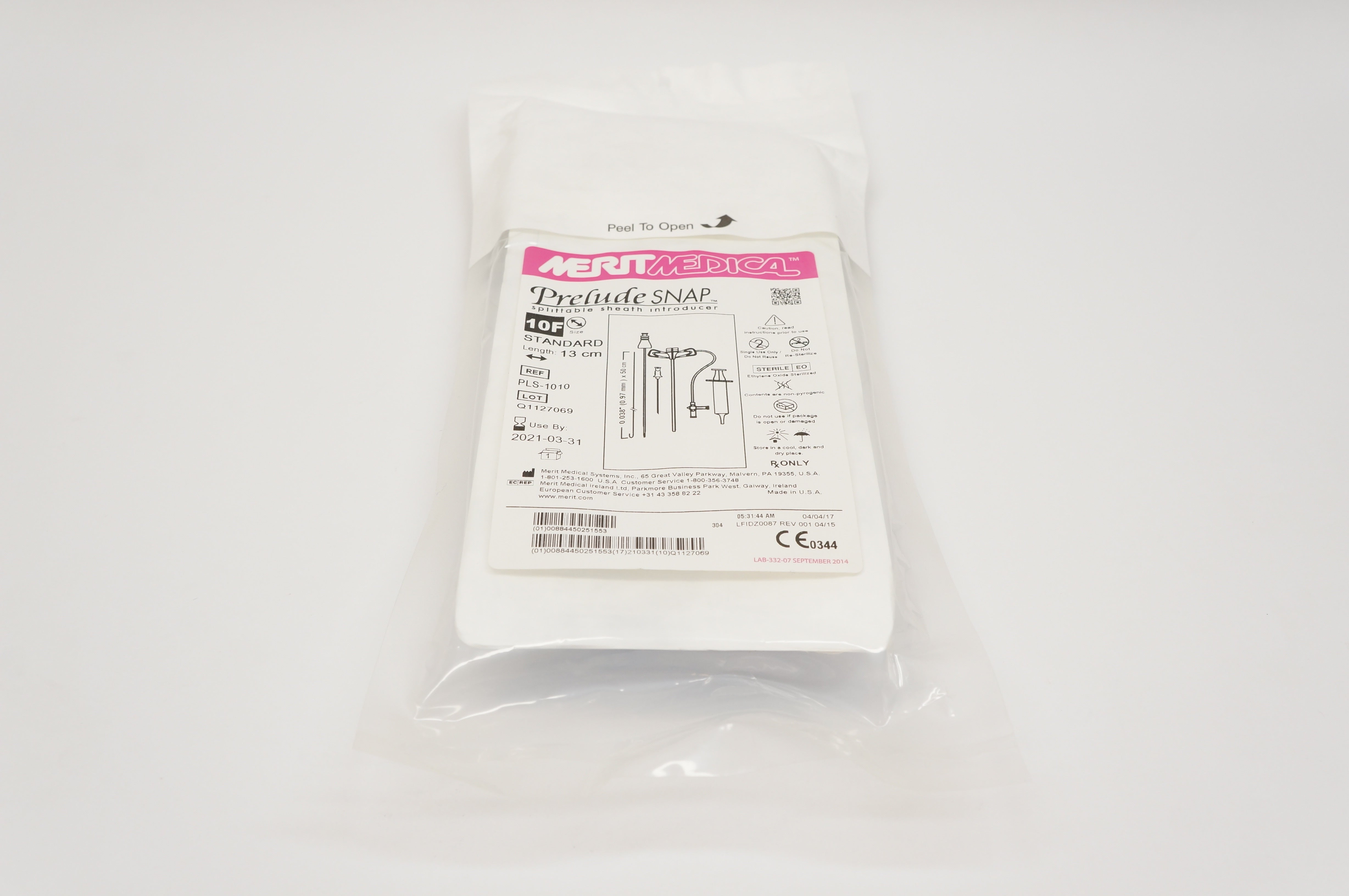 Merit Medical PLS-1010 Prelude SNAP Splittable Sheath Introducer 10F x 13cm