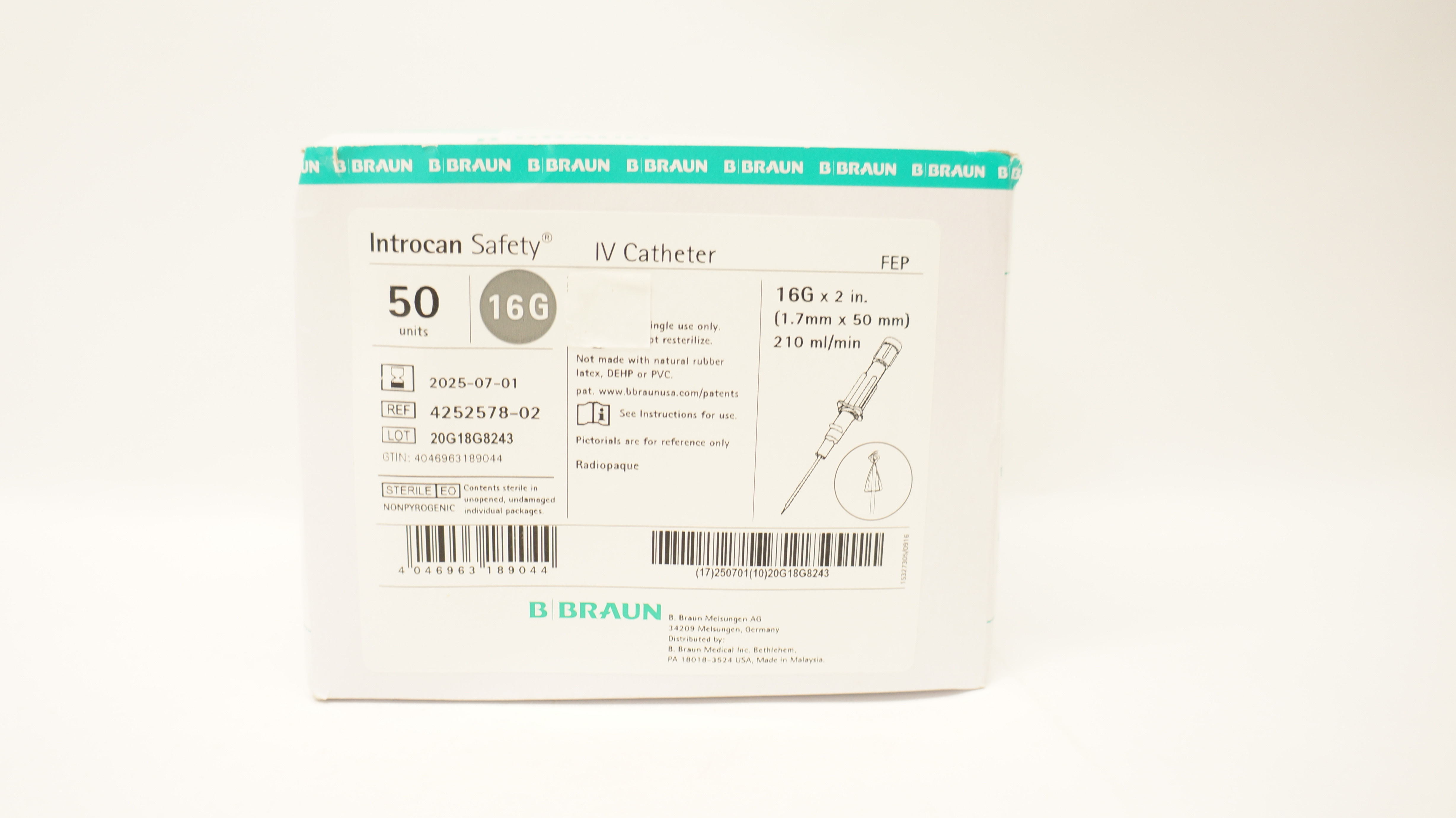 Braun 4252578-02 Introcan Safety IV Cath. 16G x 2inch 210ml - Box of 50