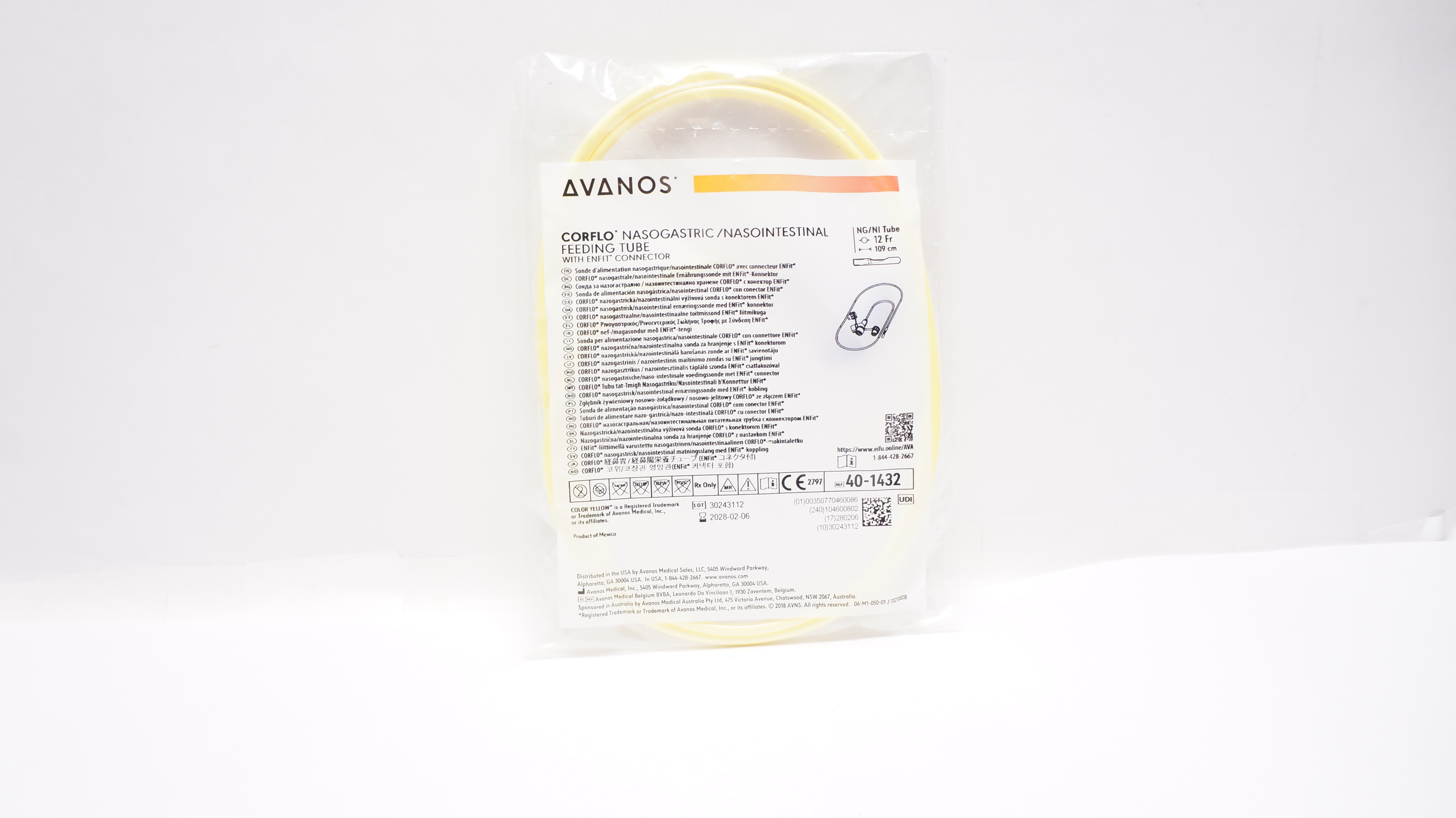 Avanos 40-1432 Corflo Nasogastric/Nasointestinal Feeding Tube 12Fr x 109cm