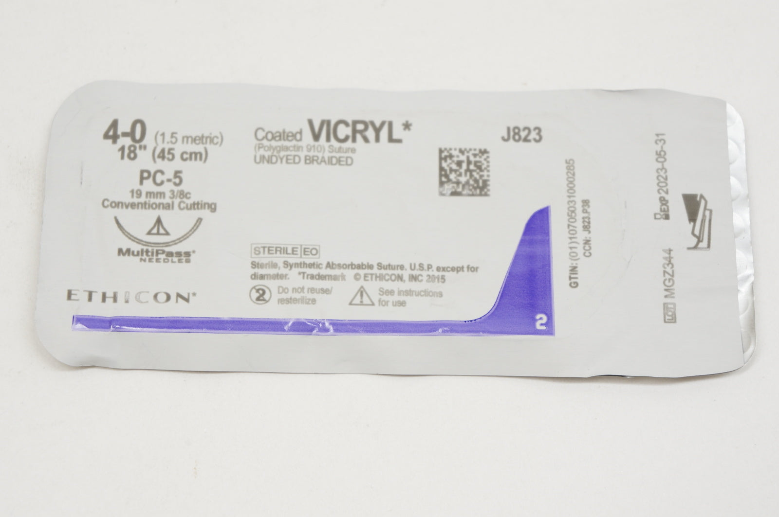 Ethicon J823 4-0 Coated VICRYL Stre PC-5 19mm 3/8c Conventional Cutting, 18inch