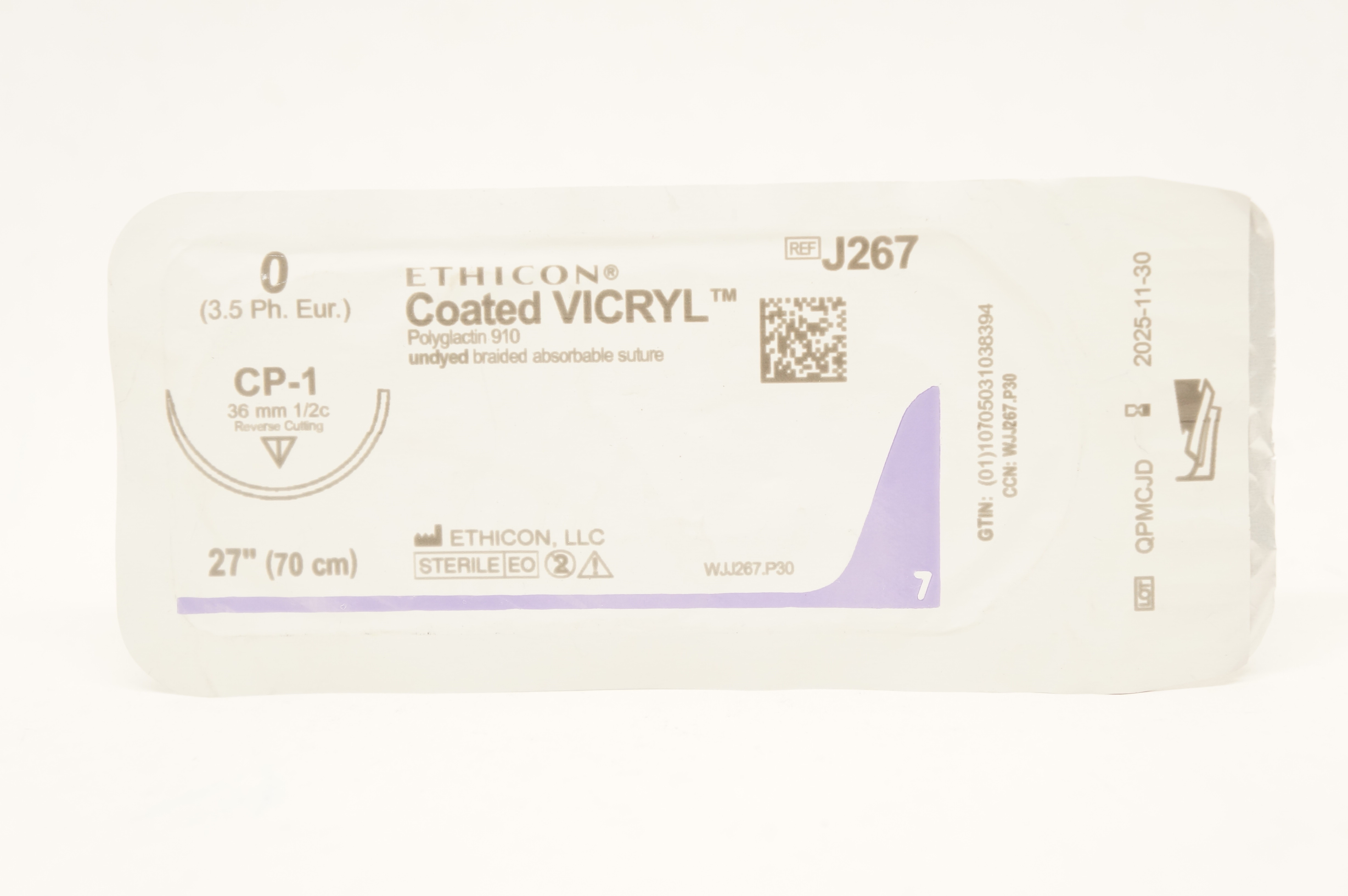 Ethicon J267 0 Coated VICRYL Stre CP-1 36mm 1/2c Reverse Cutting 27inch