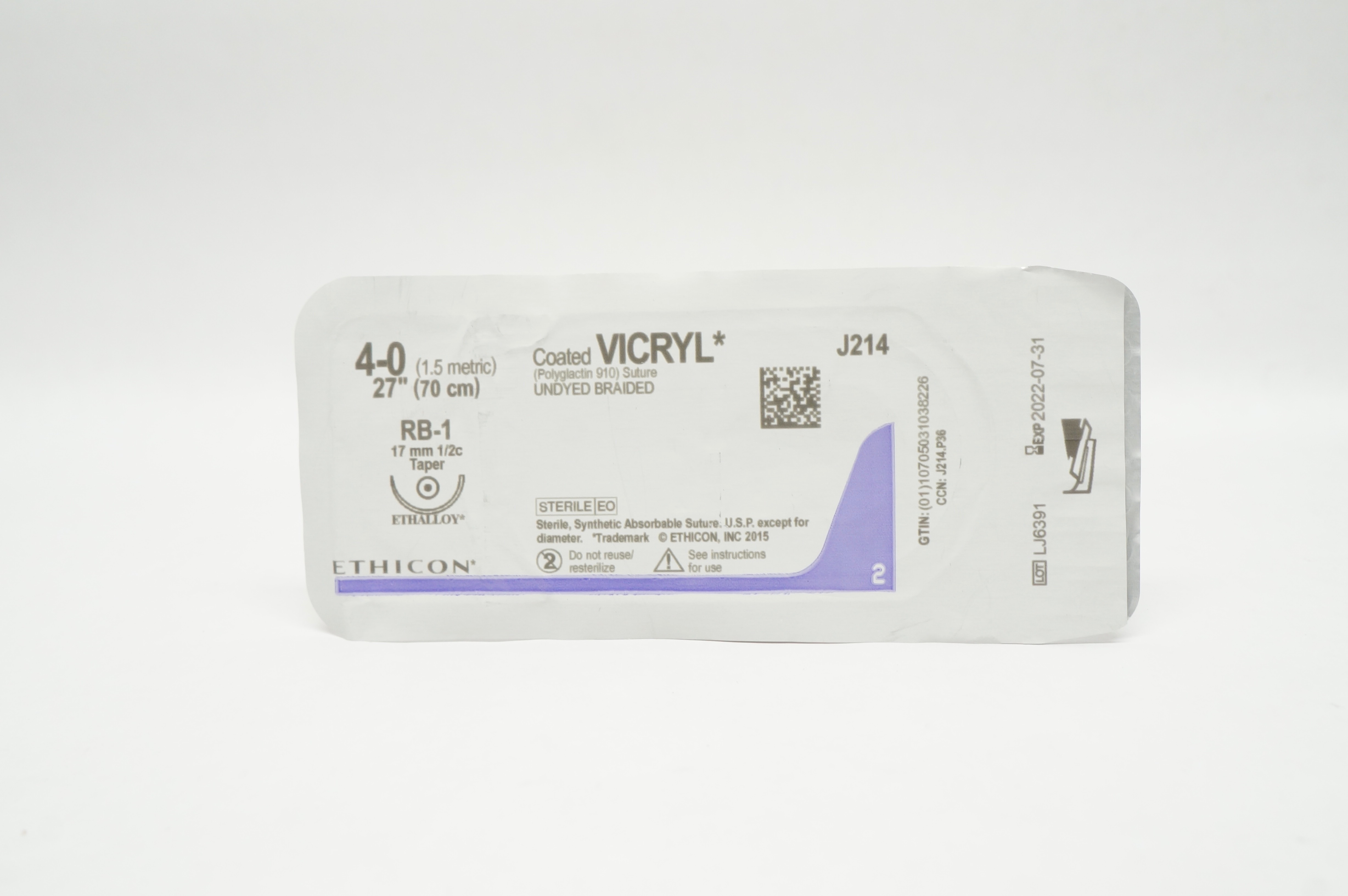 Ethicon J214 4-0 Coated Vicryl Stre Undyed Braided RB-1 17mm Tapper 27inch (x)