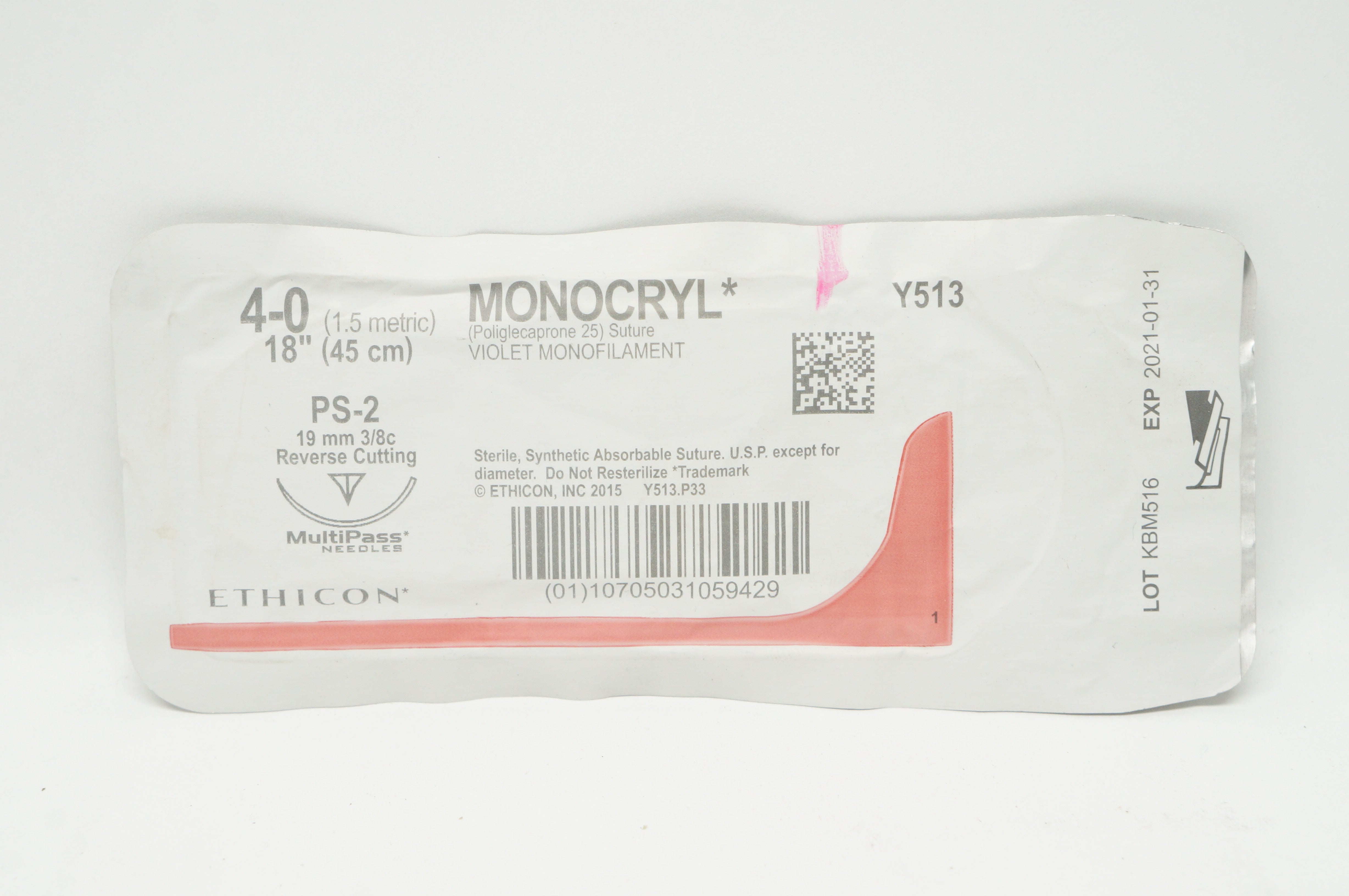 Ethicon Y513 4-0 Monocryl PS-2 19mm 3/8c Reverse Cutting, 18inch (x)