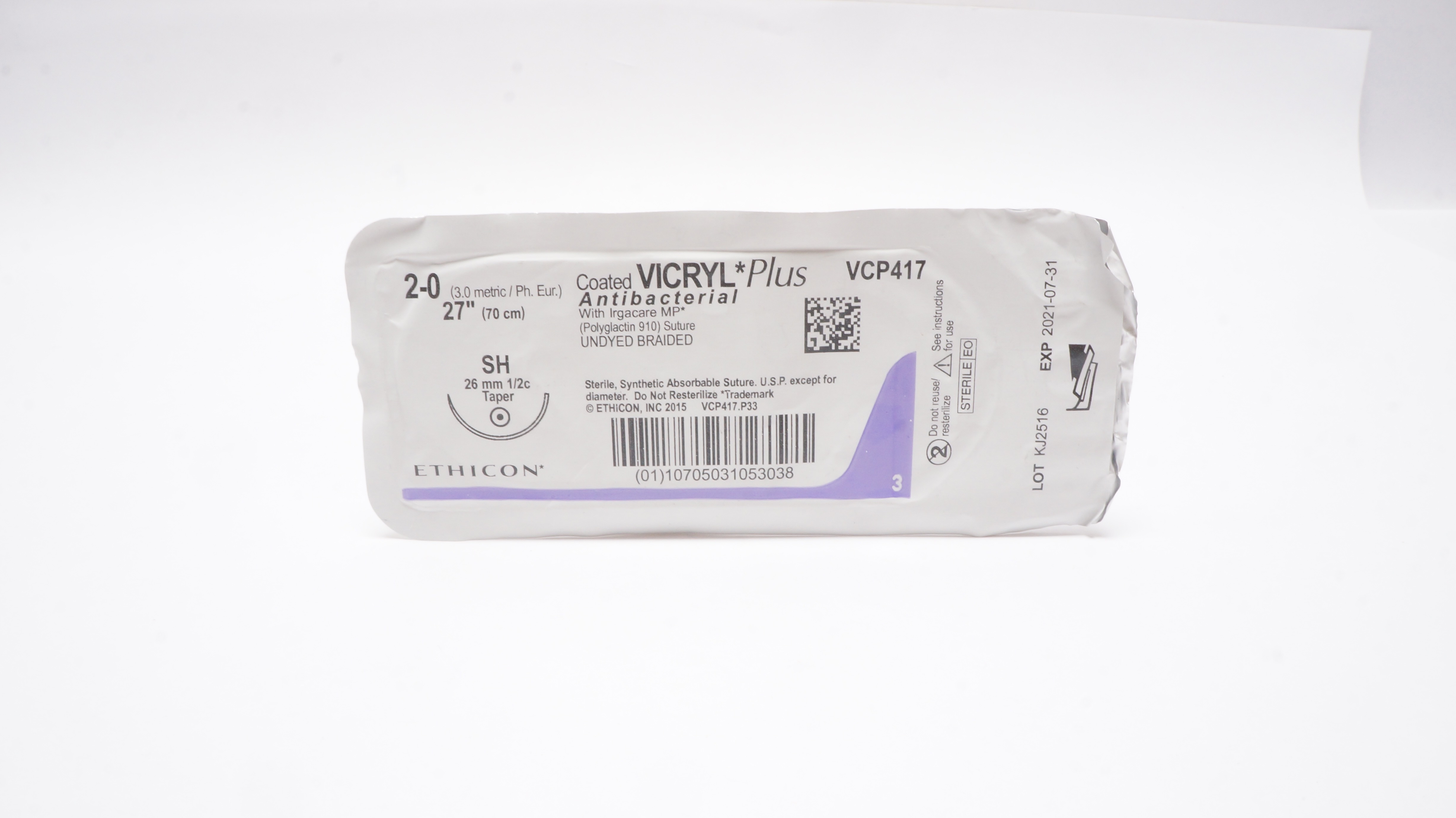 Ethicon VCP417 2-0 Coated VICRYL Plus Stre SH 26mm 1/2c Taper, 27 inch (x)