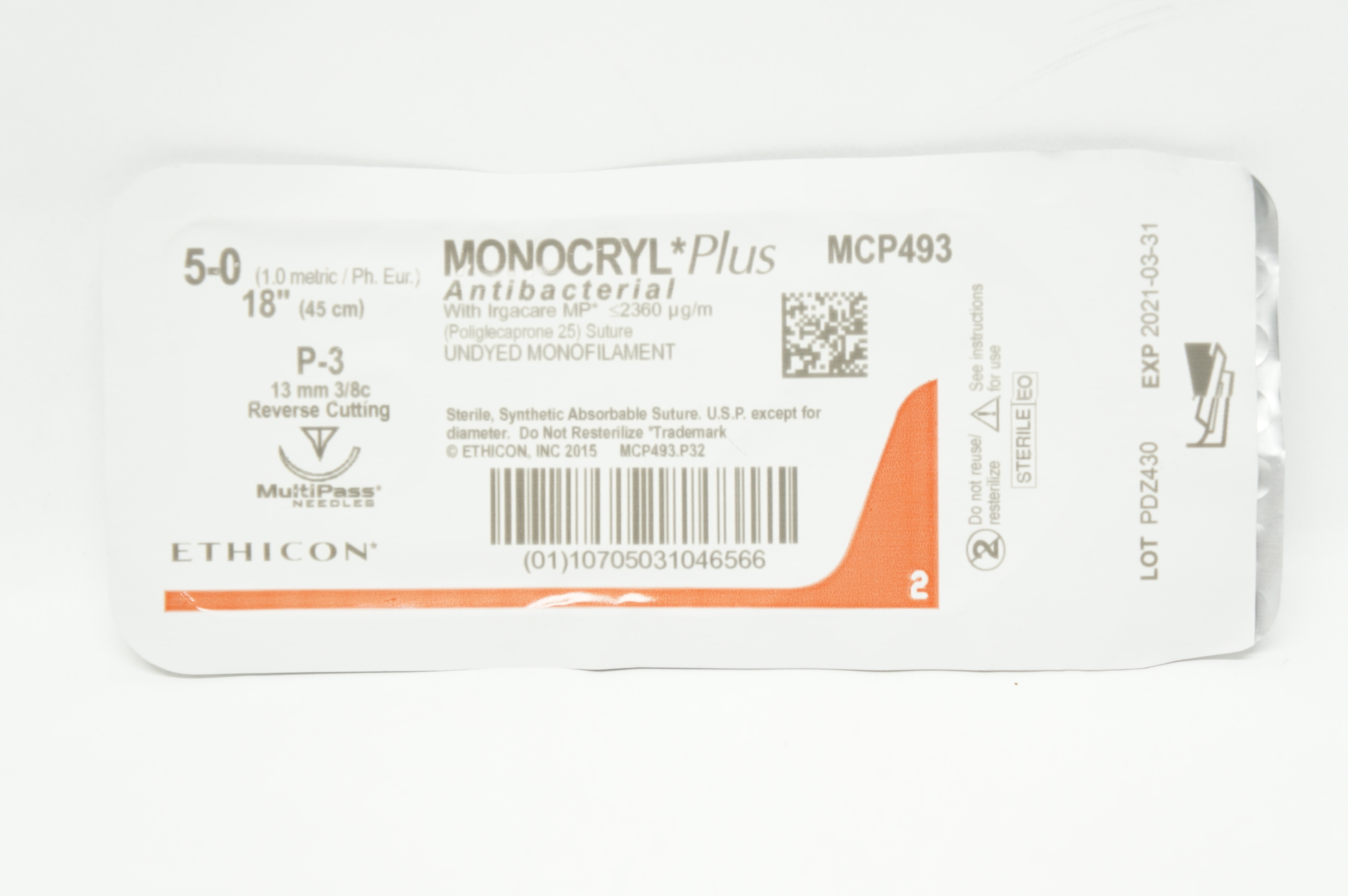 Ethicon MCP493 5-0 MONOCRYL Plus Stre P-3 13mm 3/8c Reverse Cutting 18inch (x)