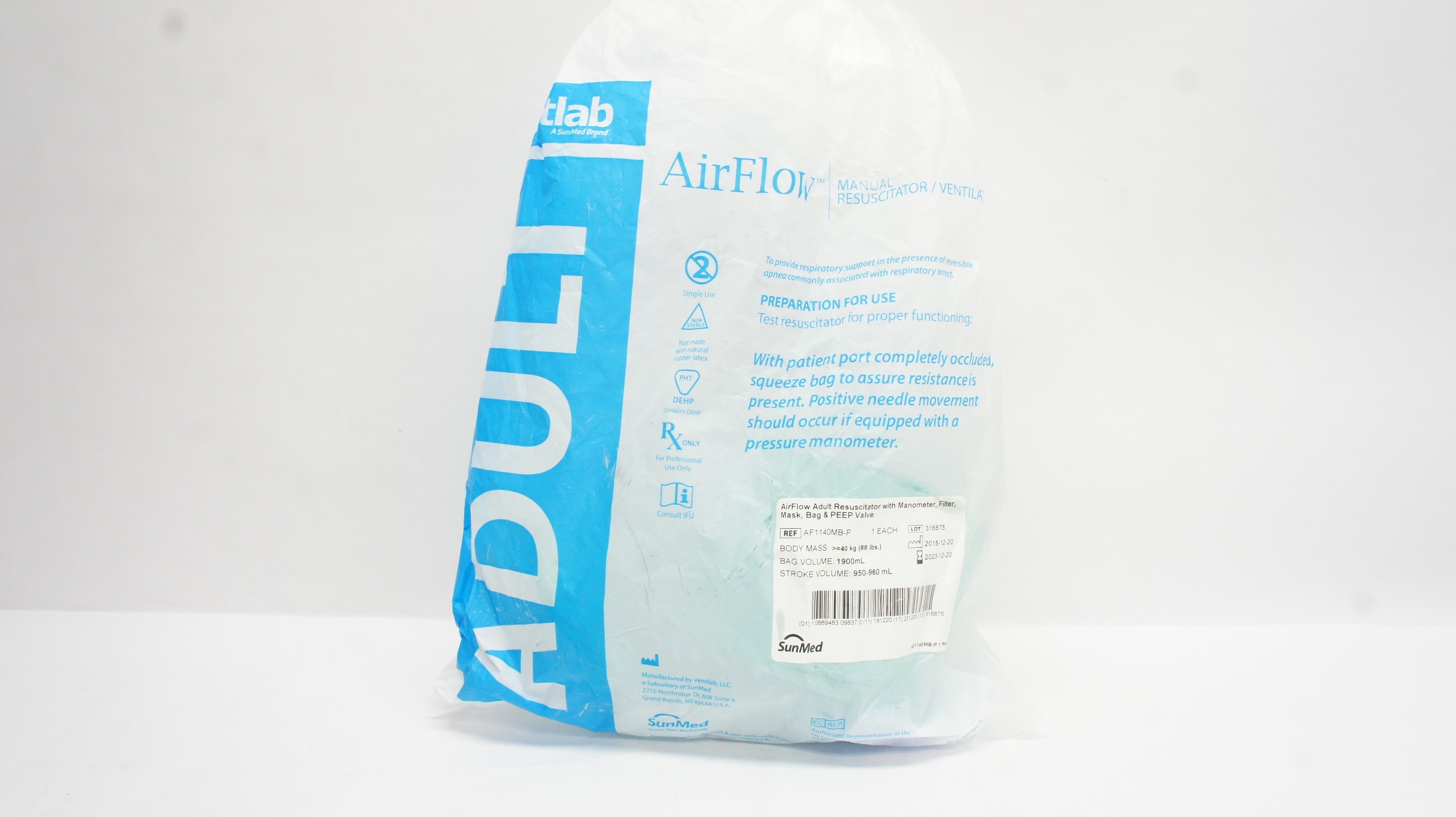 SunMed AF1140MB-P AirFlow Adult Resuscitator W/Accessories >=40kg, 1900mL (x)