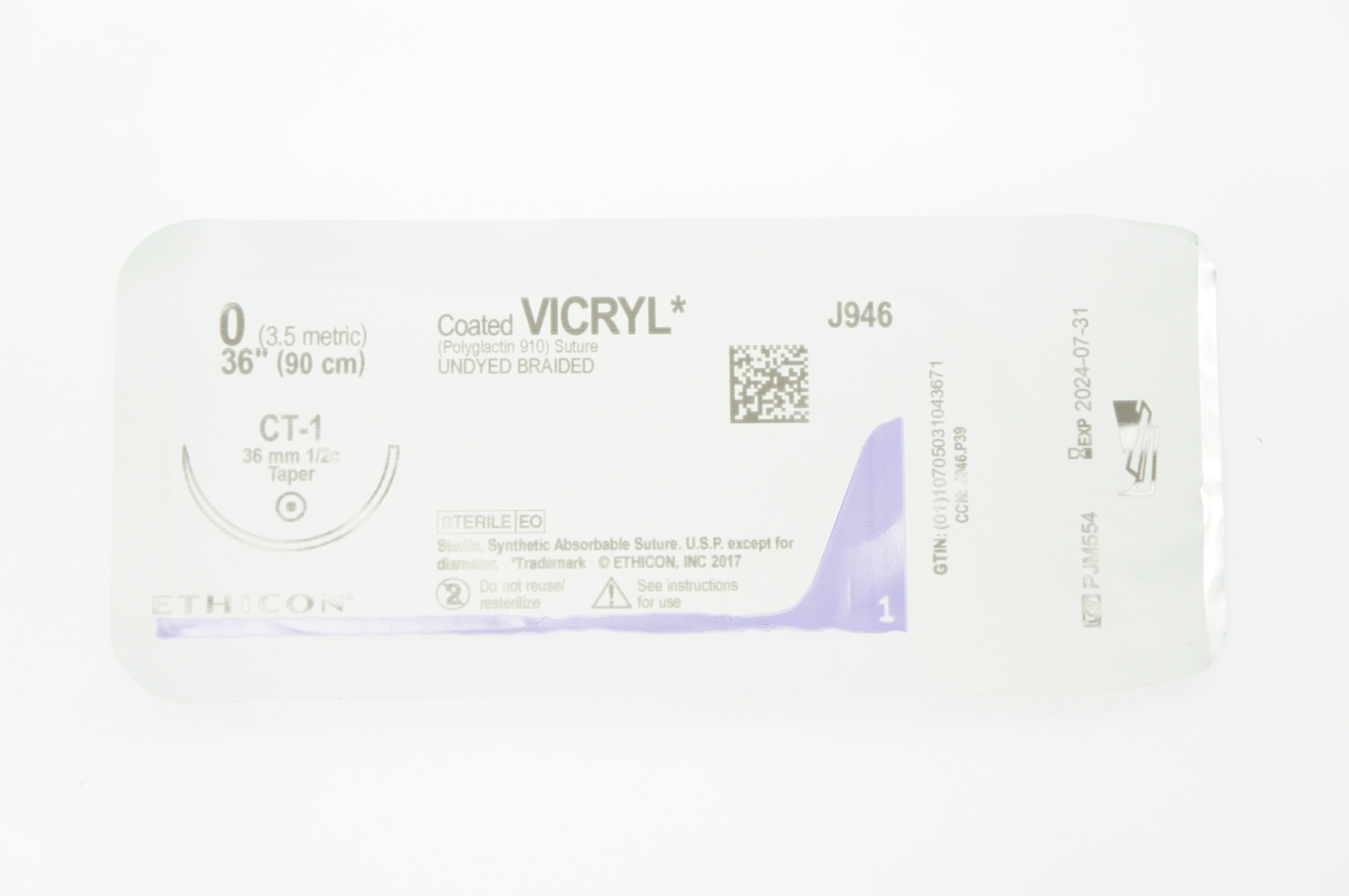 Ethicon J946 0 Coated VICRYL Polyglactin 910 Stre CT-1 36mm 1/2c Taper, 36inch