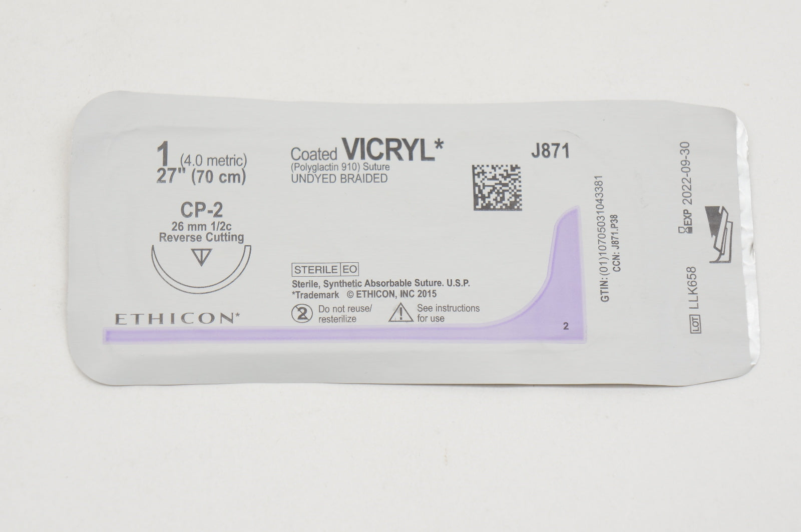 Ethicon J871 1 VICRYL, CP-2, 26mm 1/2c, 27inch