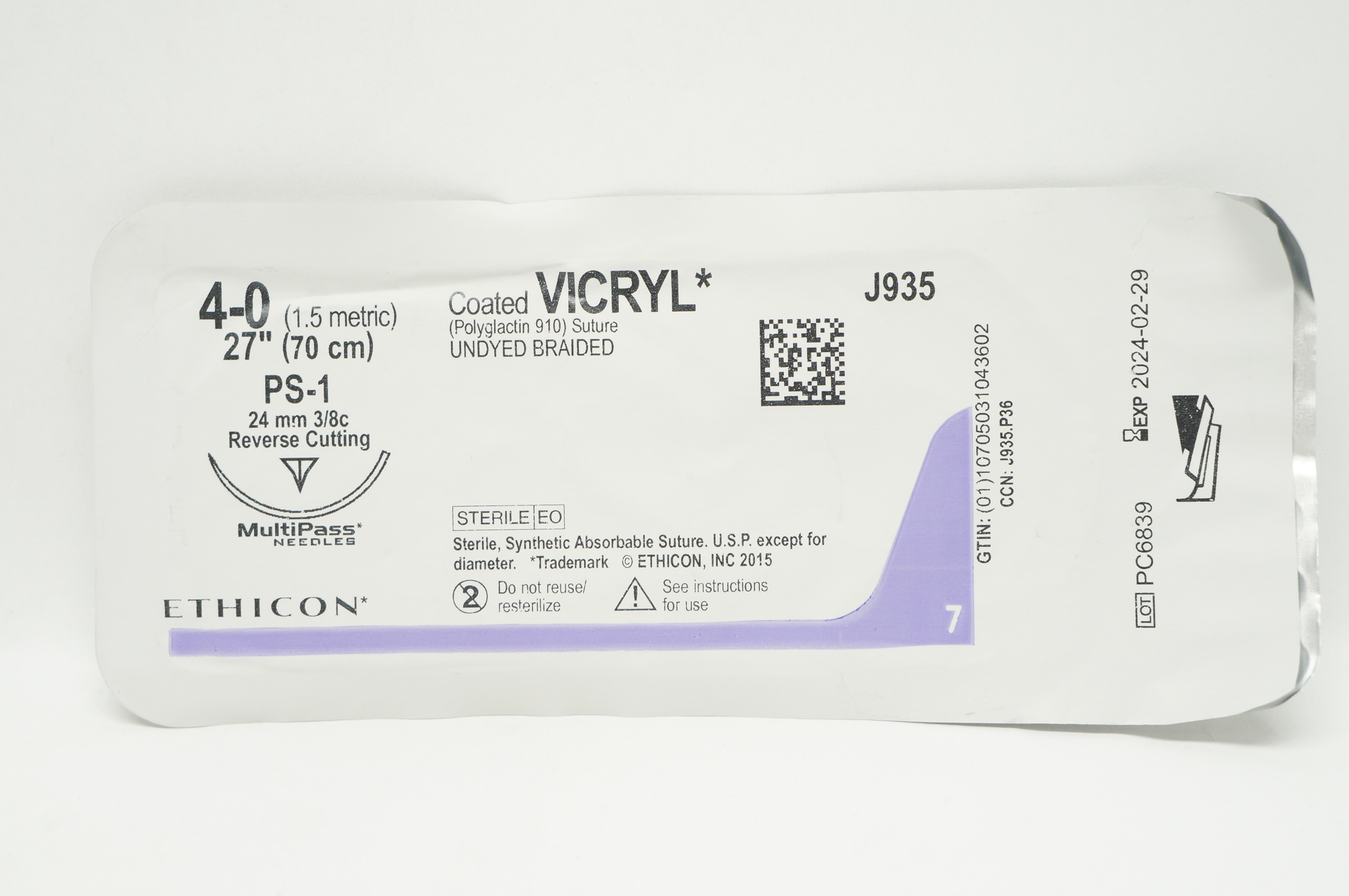 Ethicon J935 4-0 Coated VICRYL Stre PS-1 24mm 3/8c Reverse Cutting, 27inch