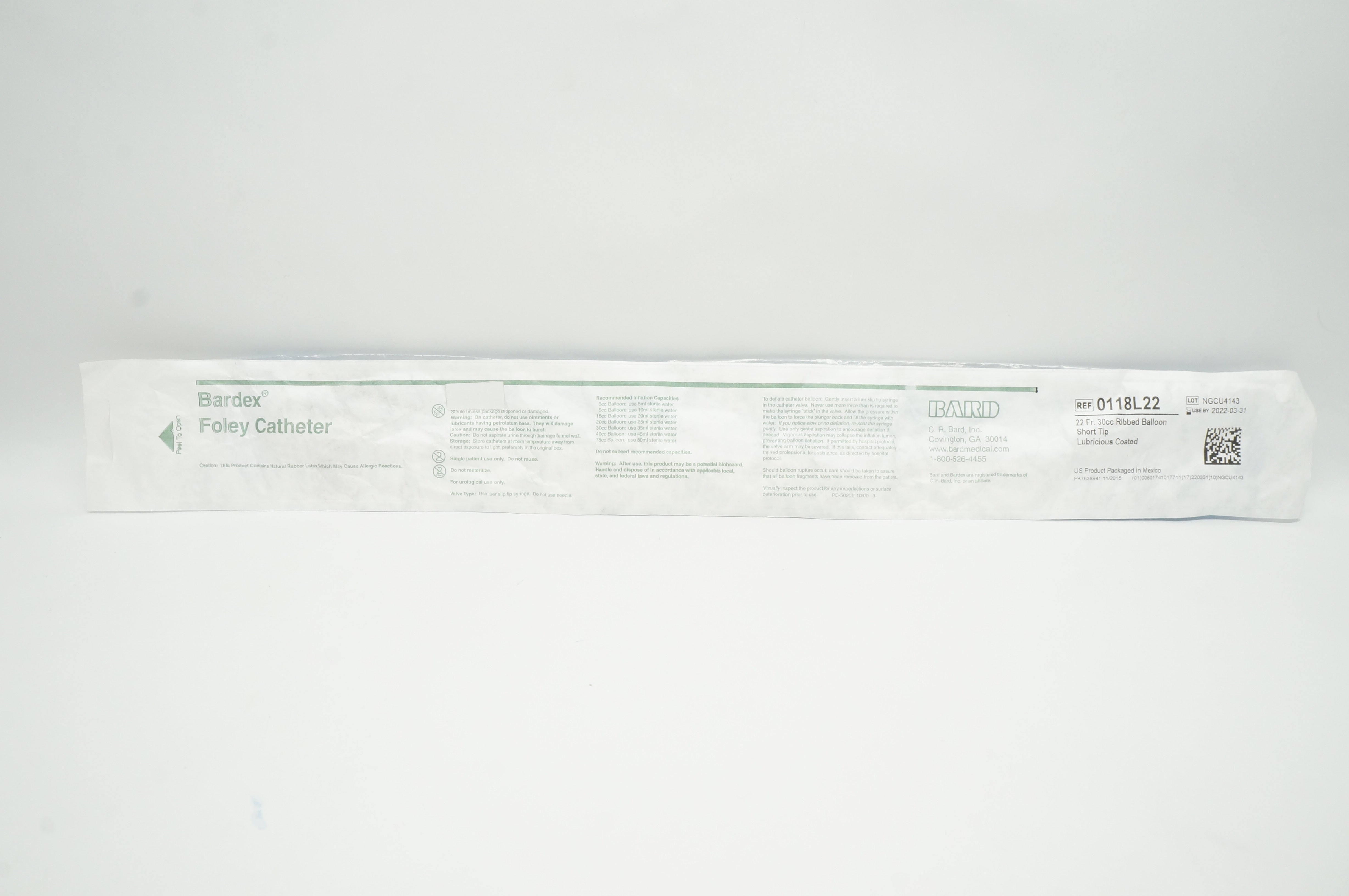 Bard 0118L22 Bardex Foley Cath. 22Fr 30cc Ribbed Balloon Short Tip (x)
