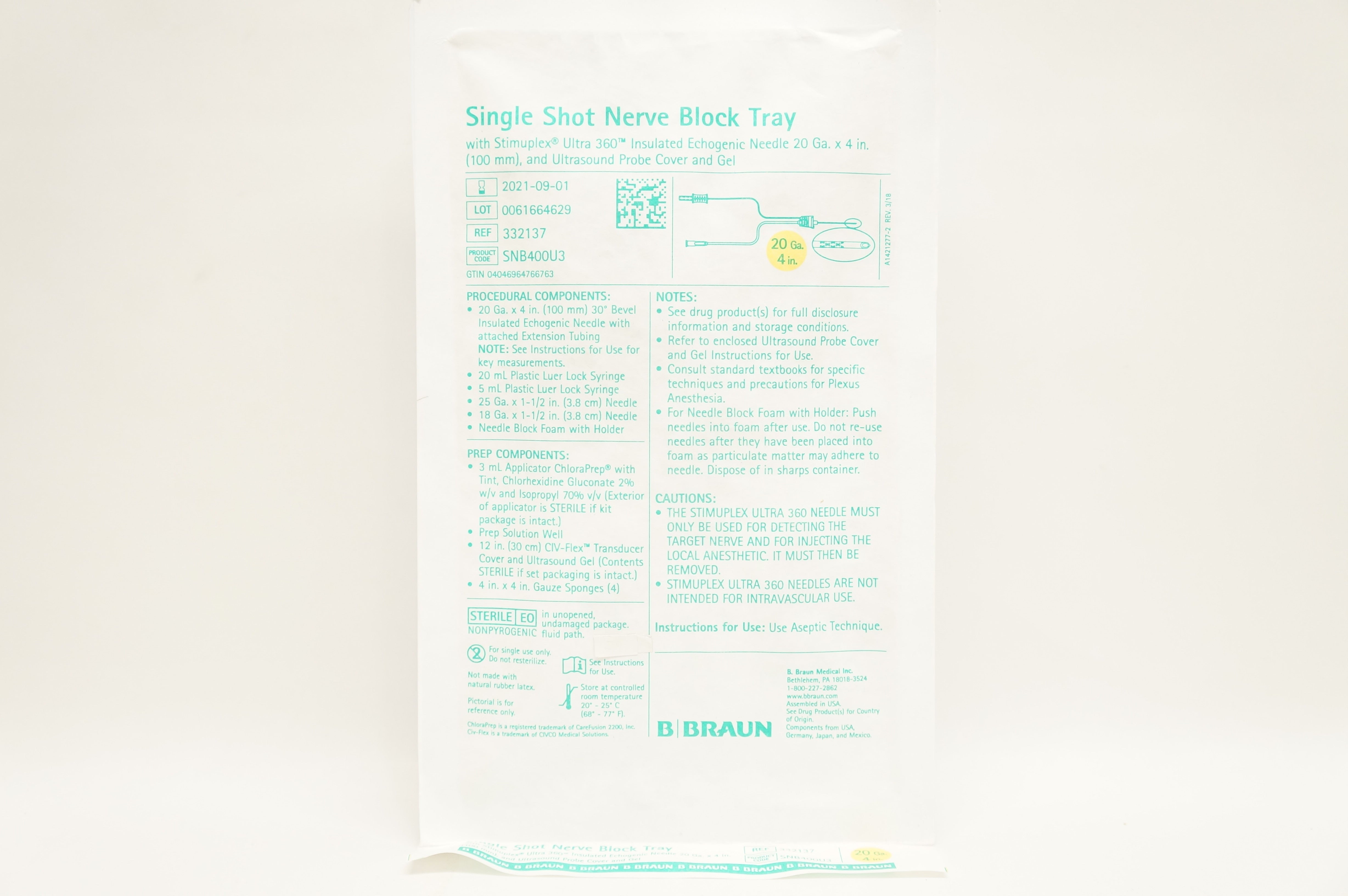 Braun 332137 Single Shot Nerve Block Tray 20Ga x 4inch (x)