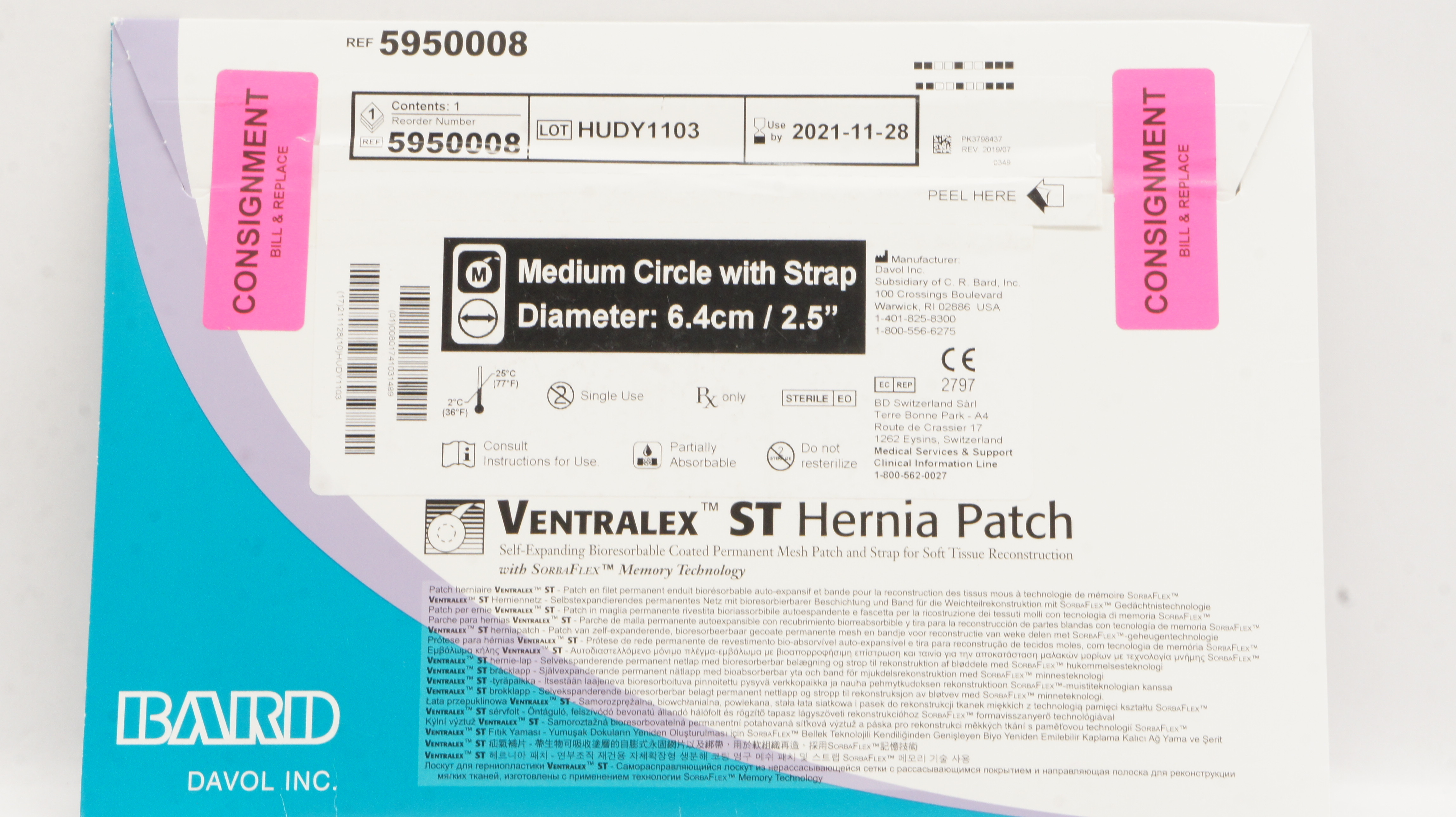 Bard 5950008 Ventralex ST Hernia Patch Medium Circle with Strap 2.5inch (x)