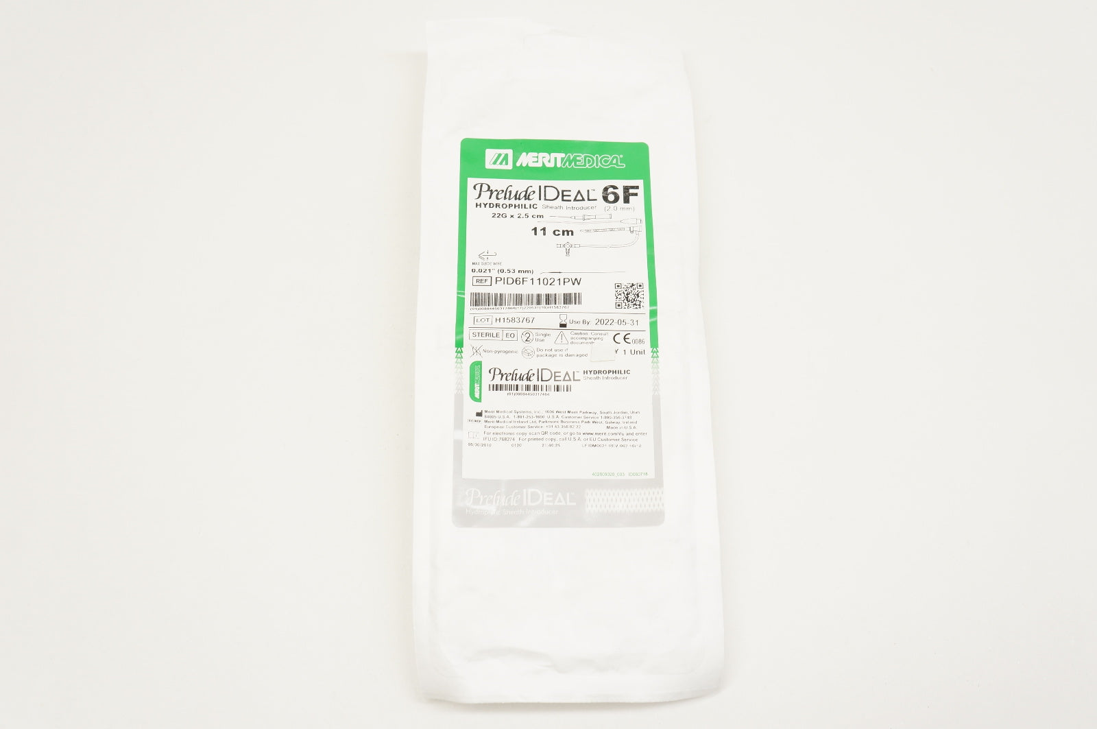 Merit Medical PID6F11021PW Hydrophilic Sheath Introducer 6F, 22G x 2.5cm