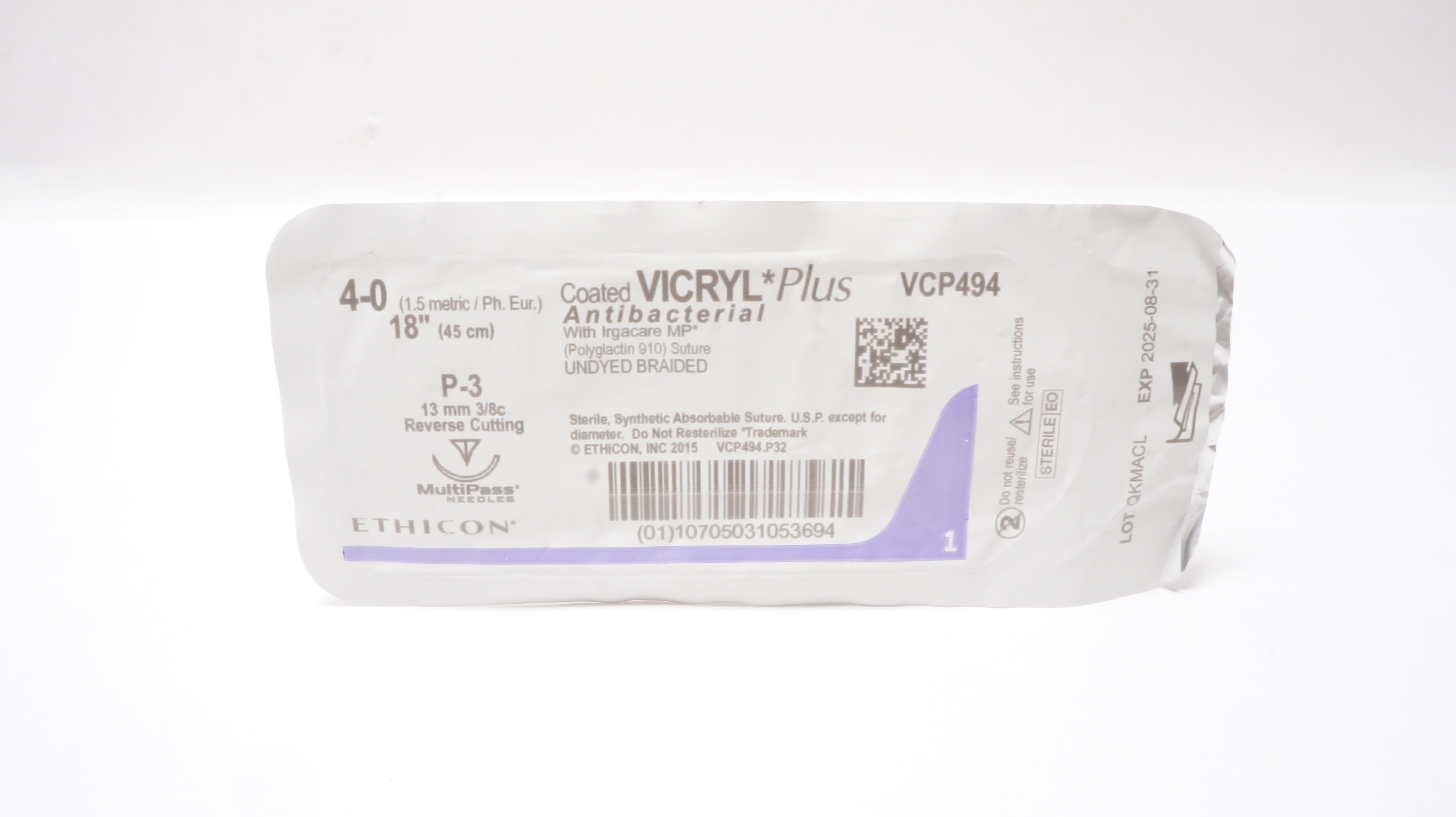 Ethicon VCP494 4-0 Vicryl Polyglactin Stre P-3 13mm 3/8c Reverse Cutting, 18inch