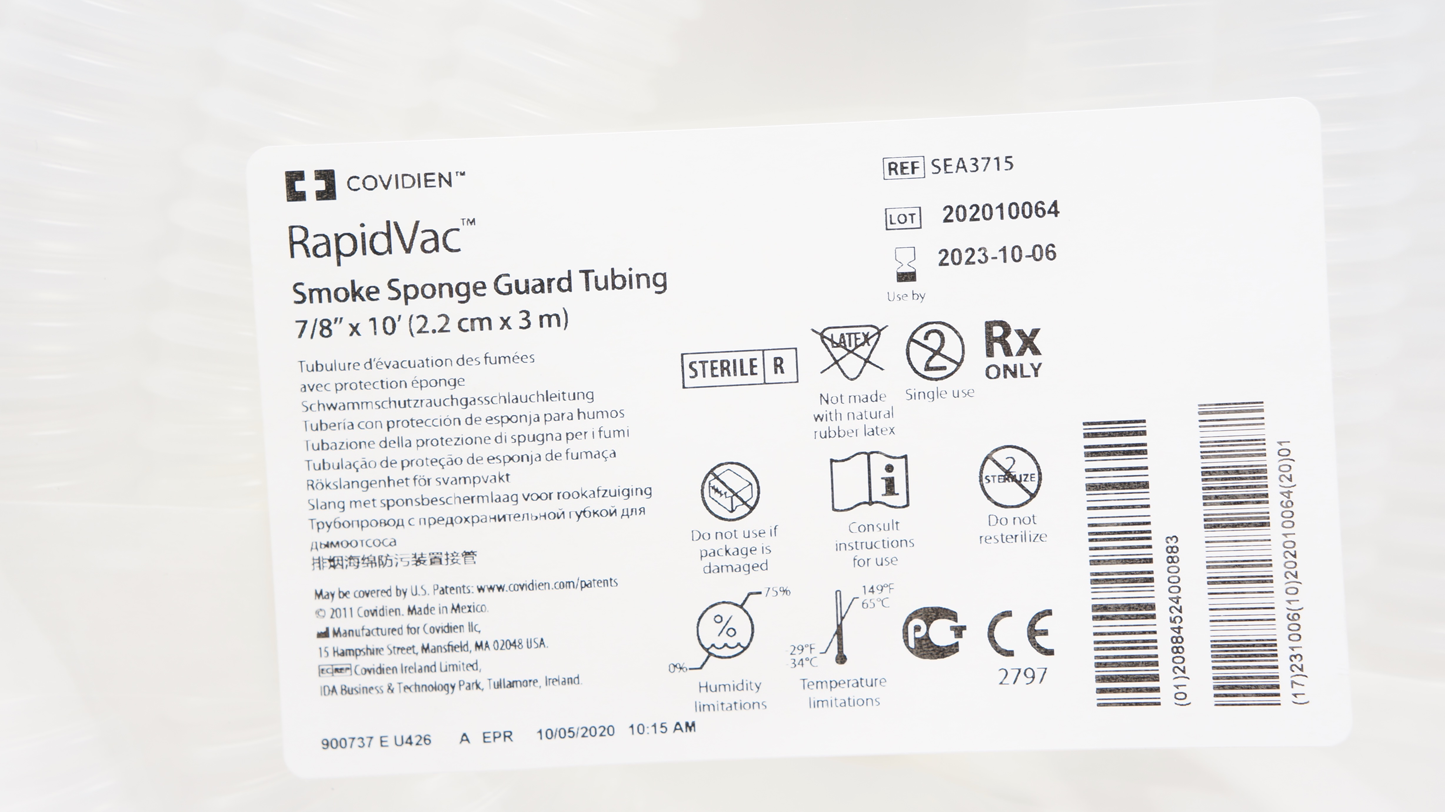 Covidien SEA3715 RapidVac Smoke Sponge Guard Tubing 7/8inch x 10ft. (x)