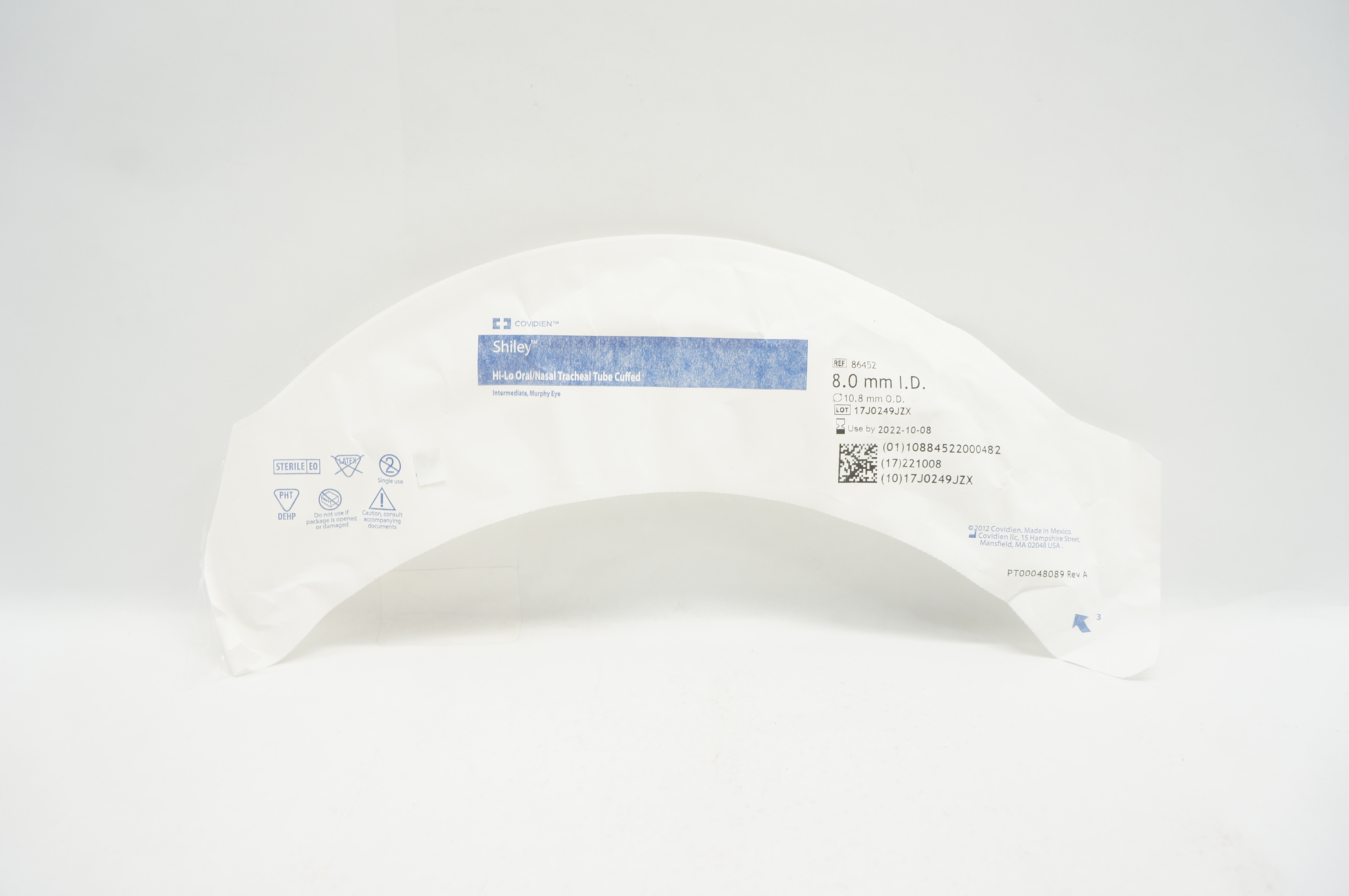 Covidien 86452 Shiley Hi-Lo Oral/Nasal Tracheal Tube Cuffed 8.0 x 10.8mm