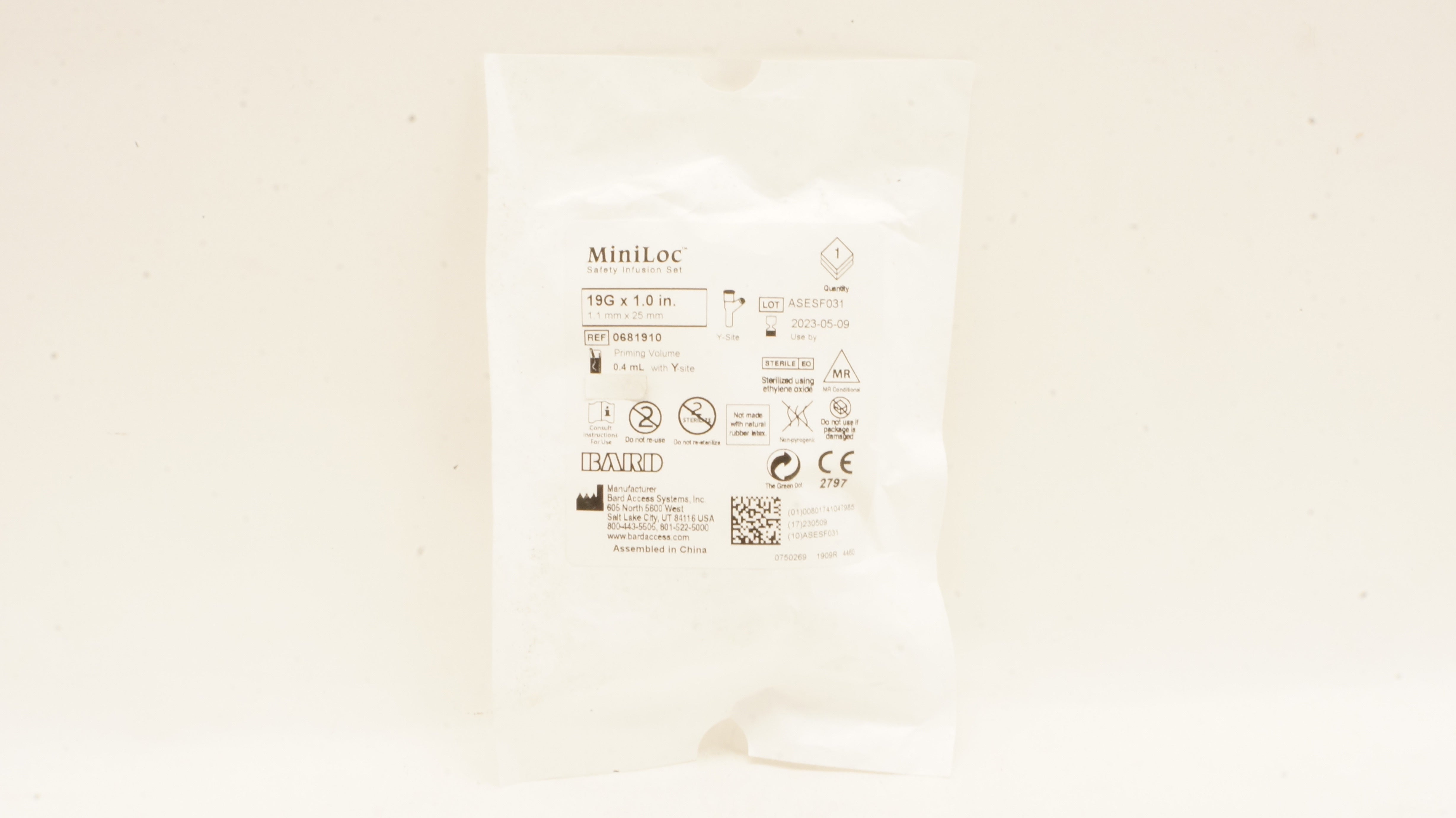 Bard 0681910 MiniLoc Safety Infusion Set 19G x 1.0inch priming Volume 0.4mL