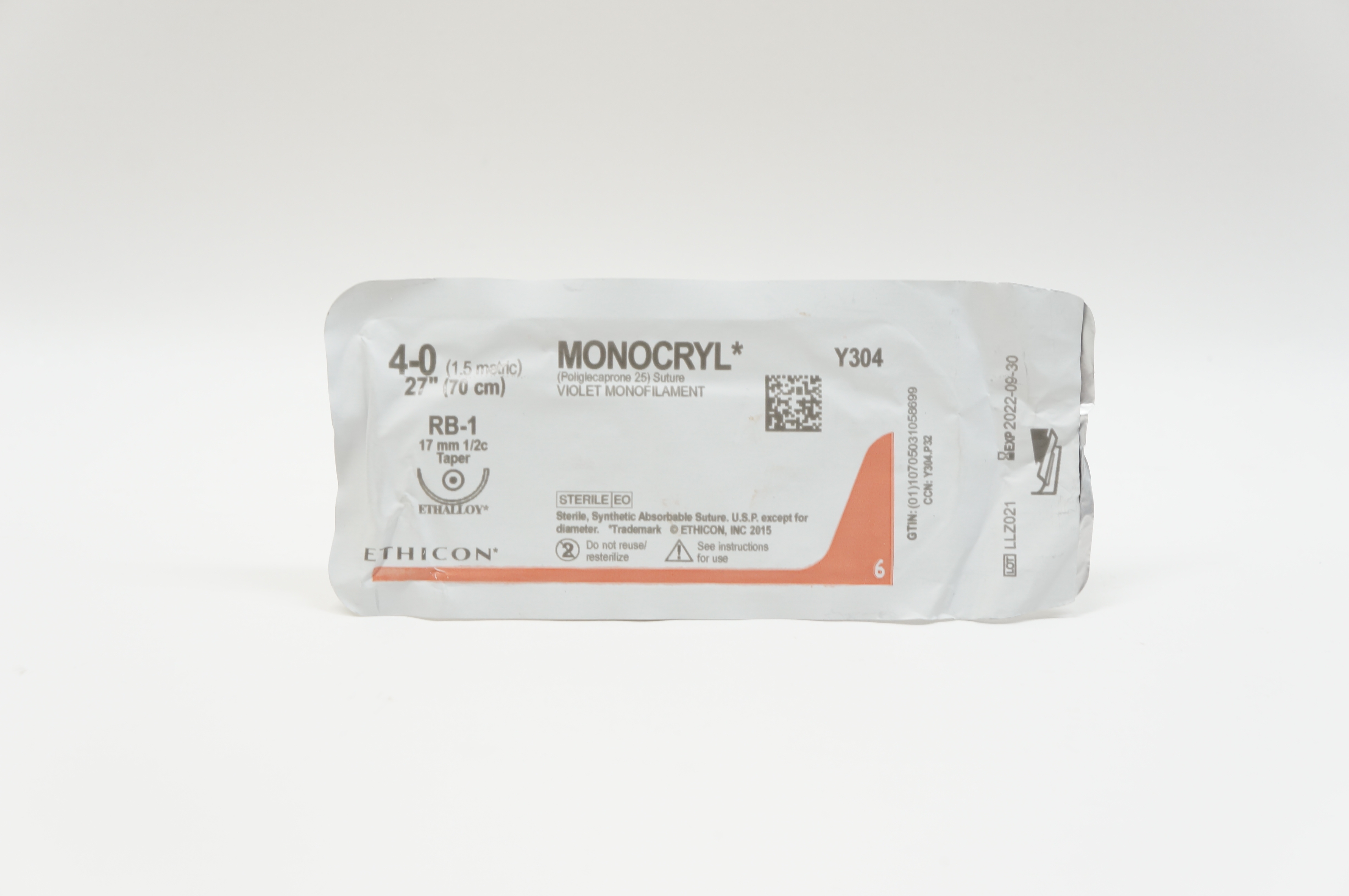 Ethicon Y304 4-0 MONOCRYL, RB-1, 17mm 1/2c Taper, 27inch