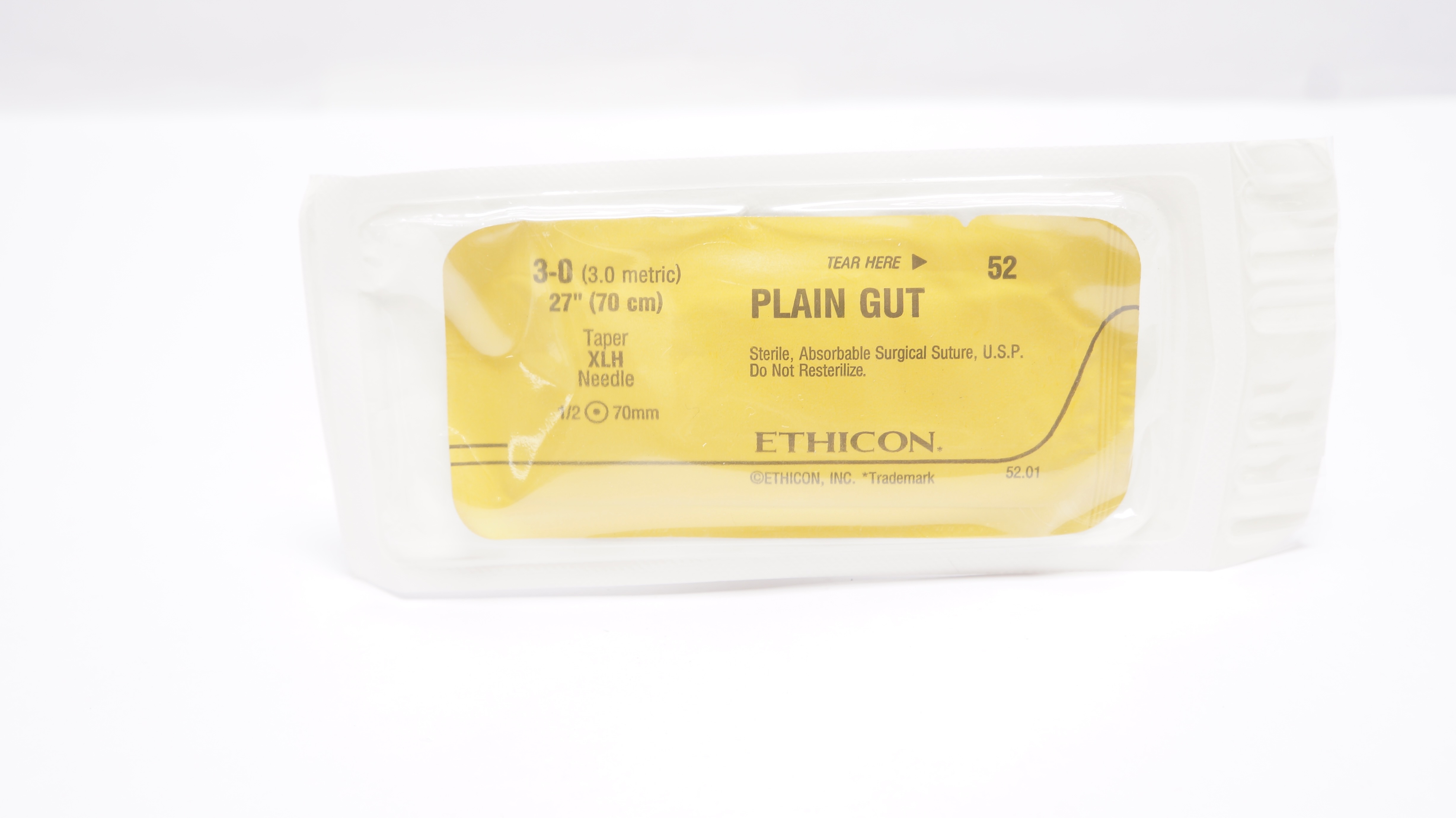 Ethicon 52 3-0 Plain Gut Stre Taper XLH Ndle 1/2 70mm, 27 inch (x)