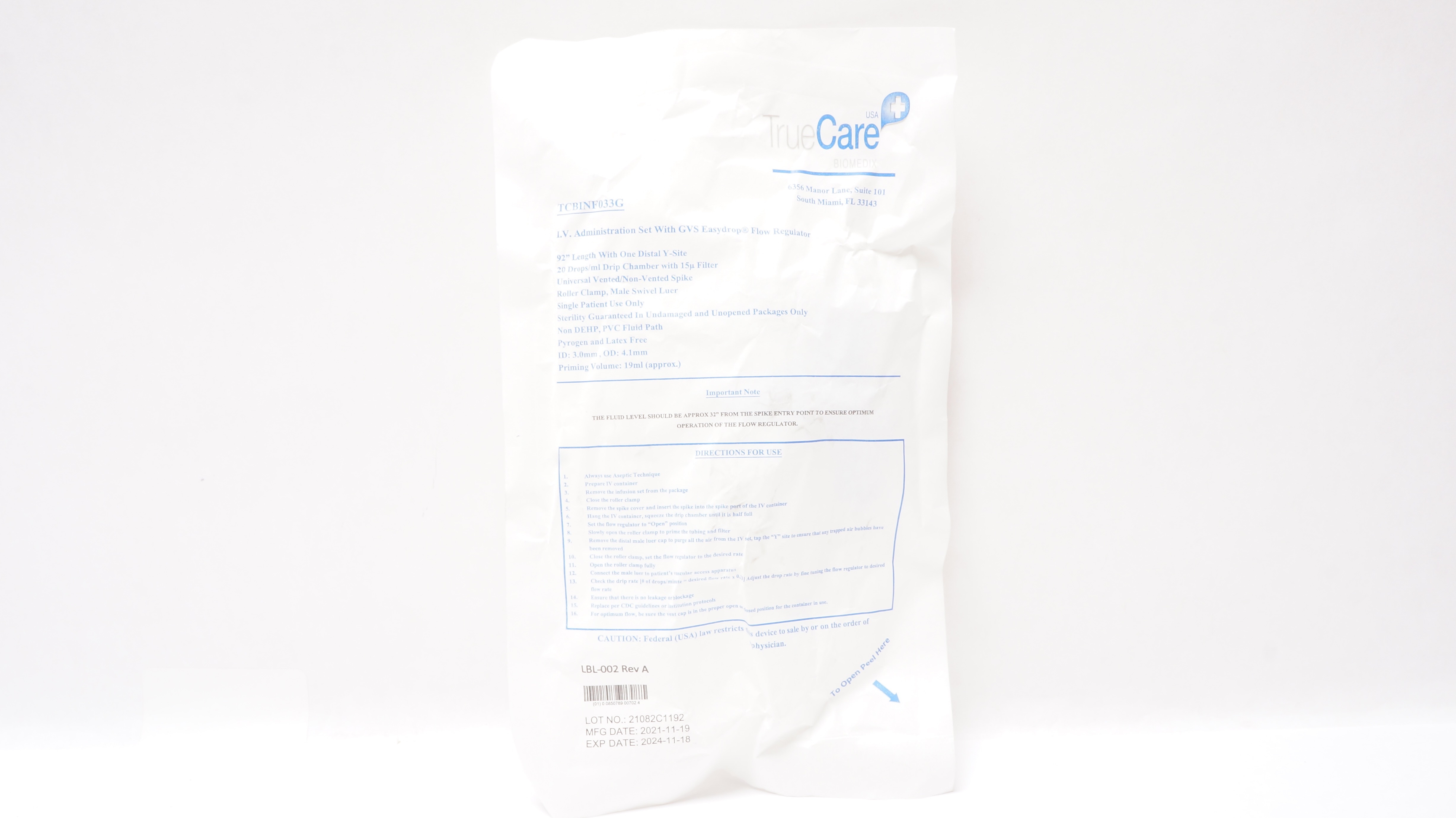 TrueCare TCBINF033G IV Administration Set W/ GVS Easydrop Flow Regulator