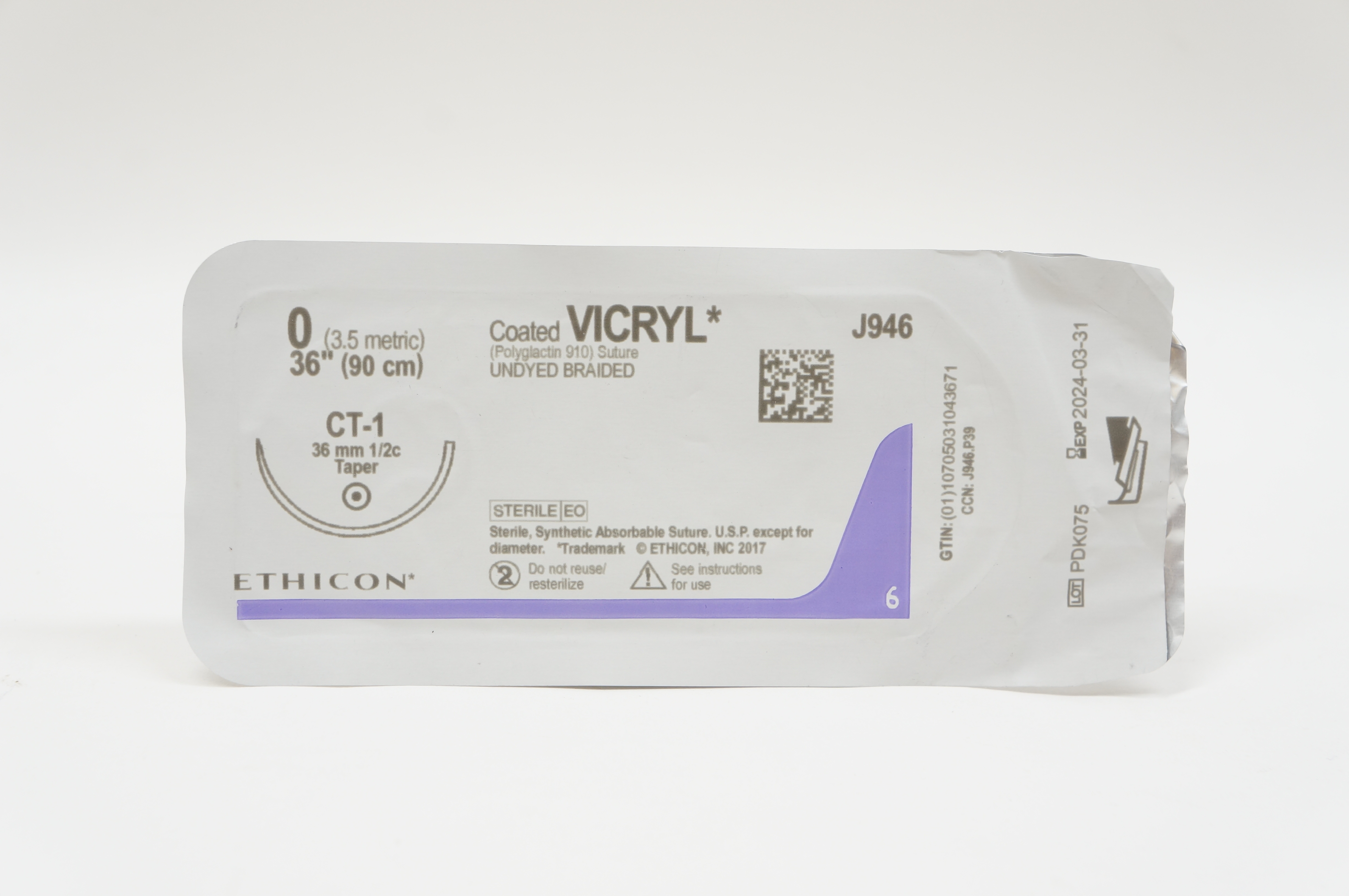 Ethicon J946 0 VICRYL, CT-1, 36mm 1/2c Taper, 36inch