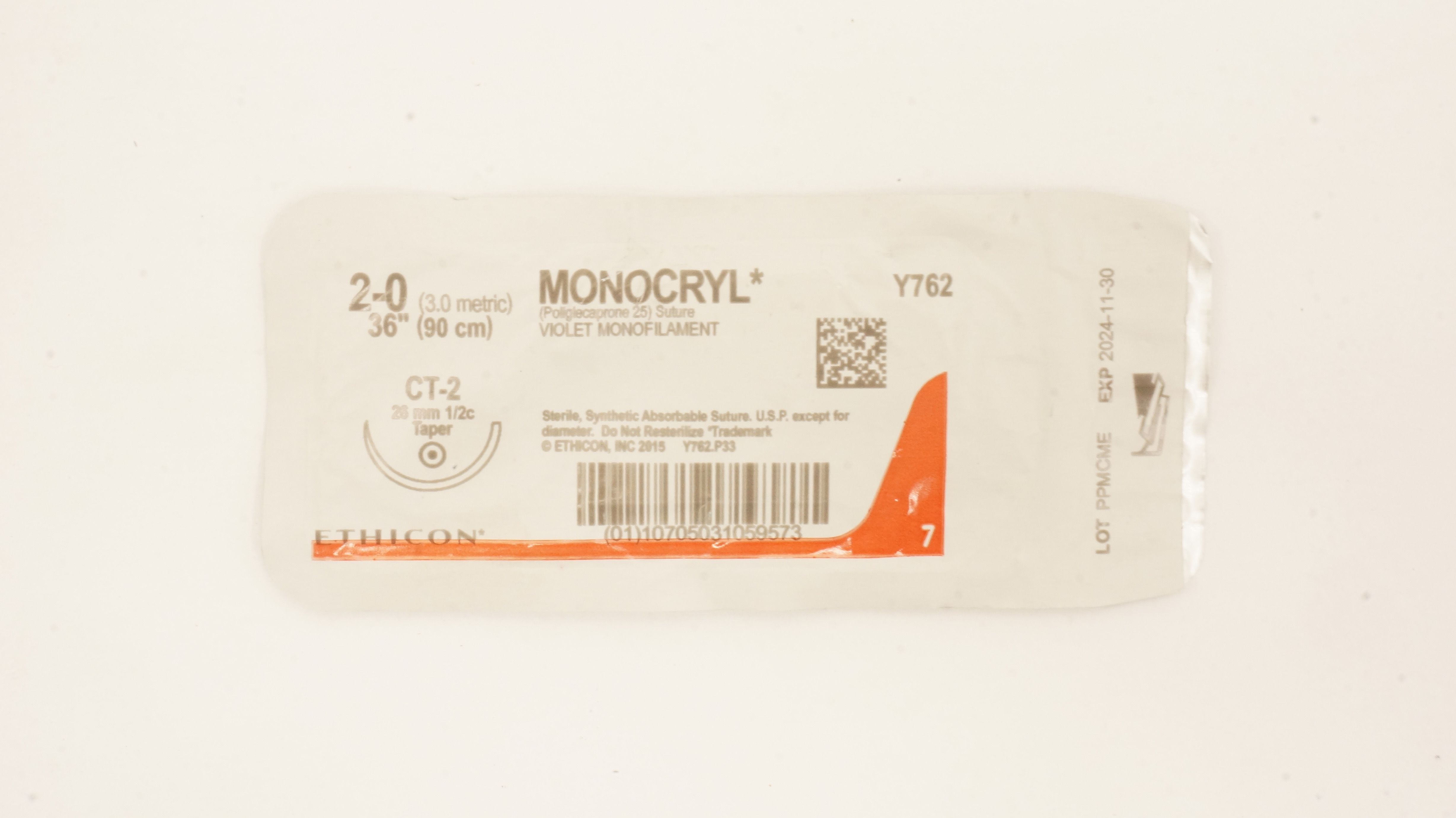 Ethicon Y762 2-0 Monocryl Stre Violet Monofilament CT-2 26mm 1/2c Taper, 36inch