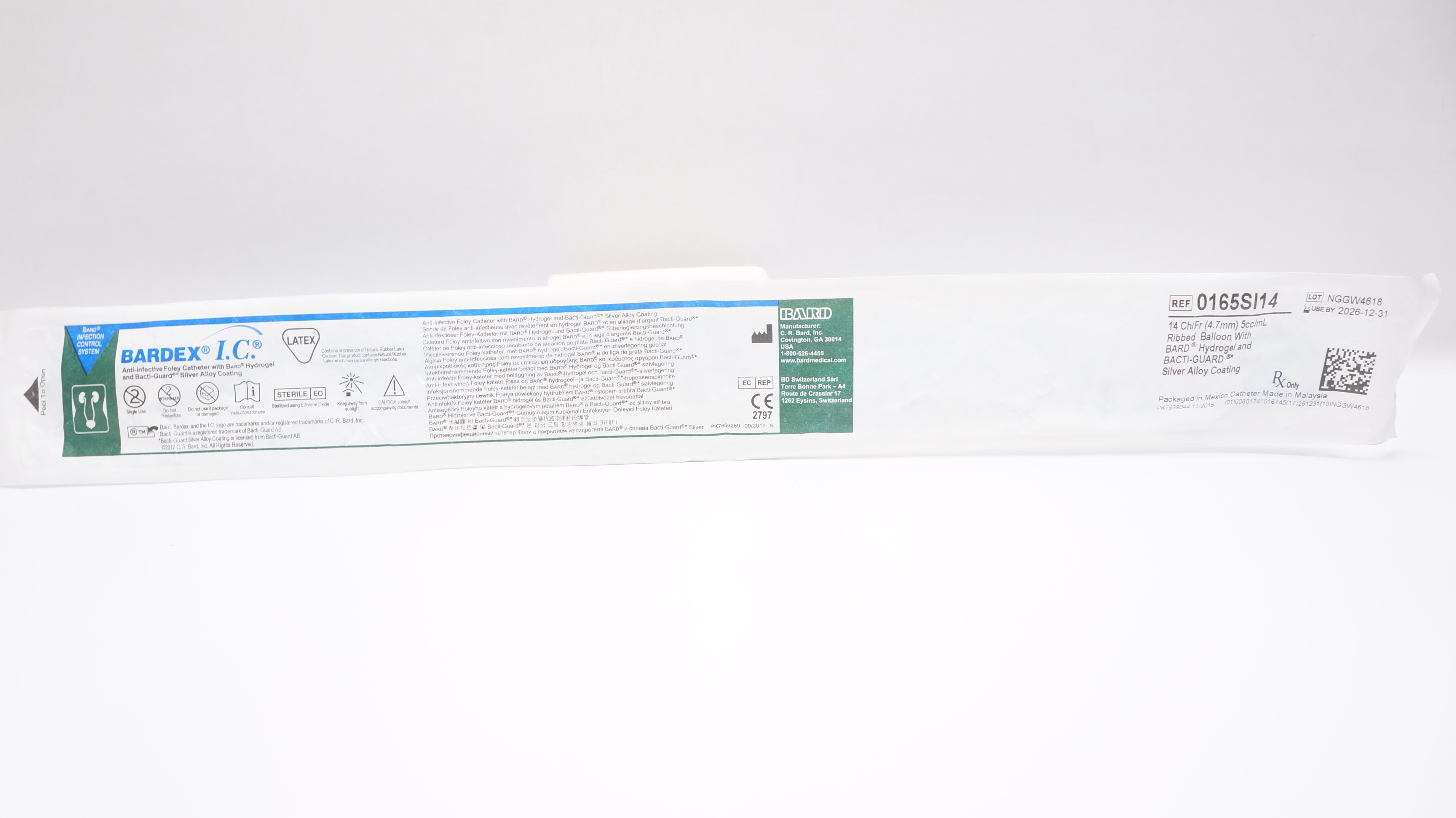 Bard 0165SI14 Bardex I.C. Anti-Infective Foley Cath. 14Fr. 5cc/mL Ribbed Balloon