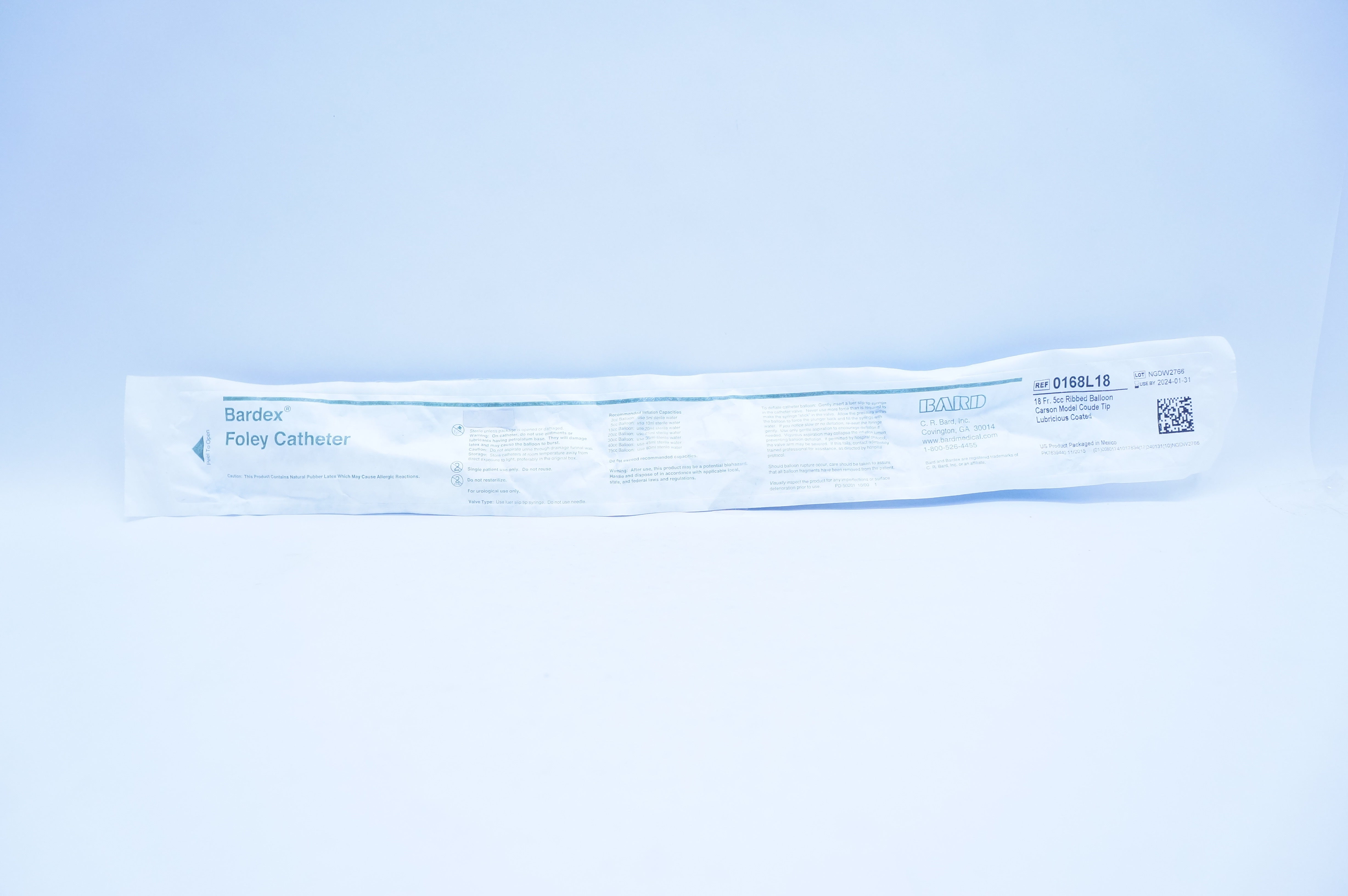 Bard 0168L18 Bardex Foley Cath. 18Fr 5cc Ribbed Balloon