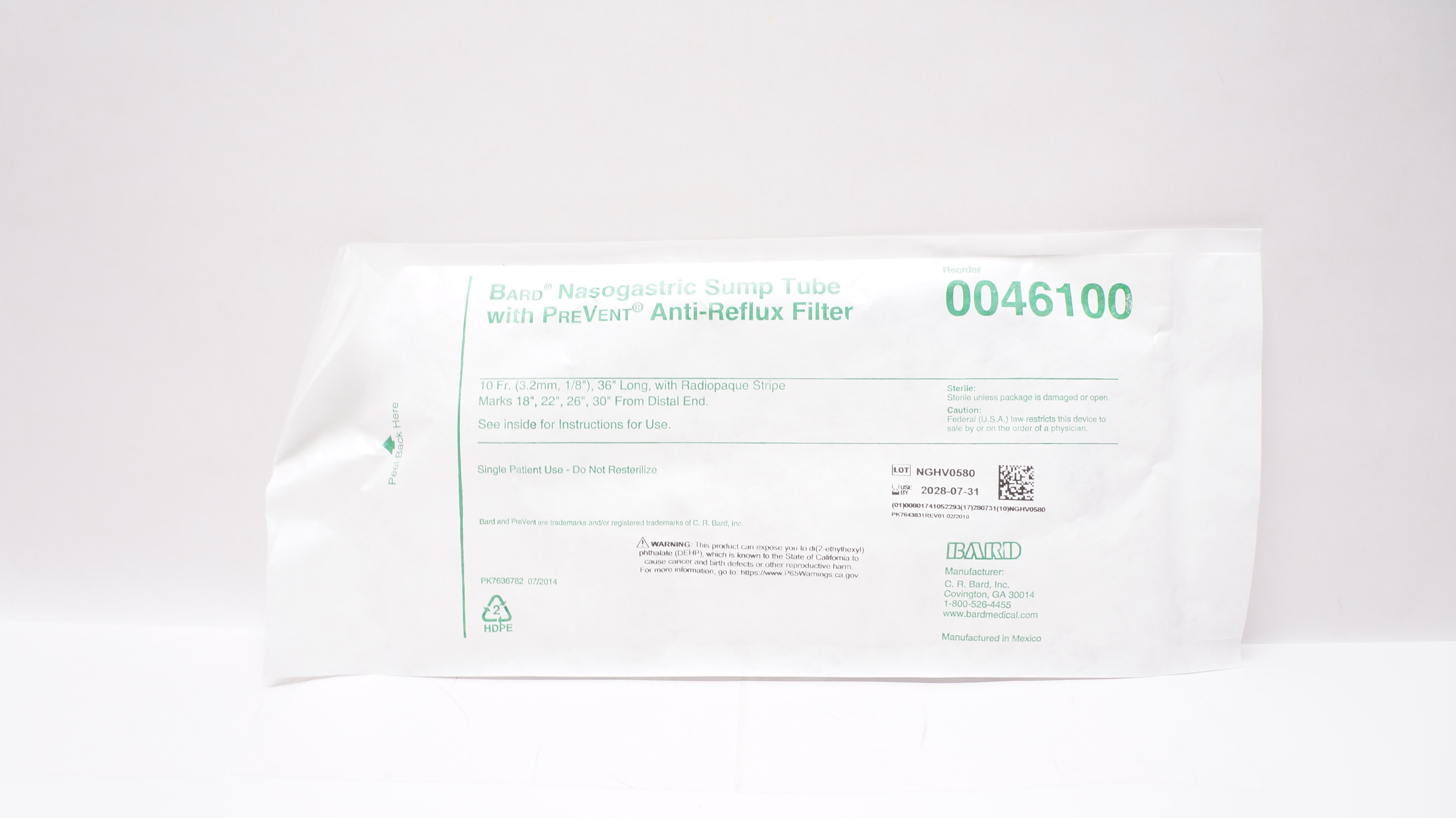Bard 0046100 Nasogastric Sump Tube with PreVent Anti-Reflux Filter 10Fr x 36inch