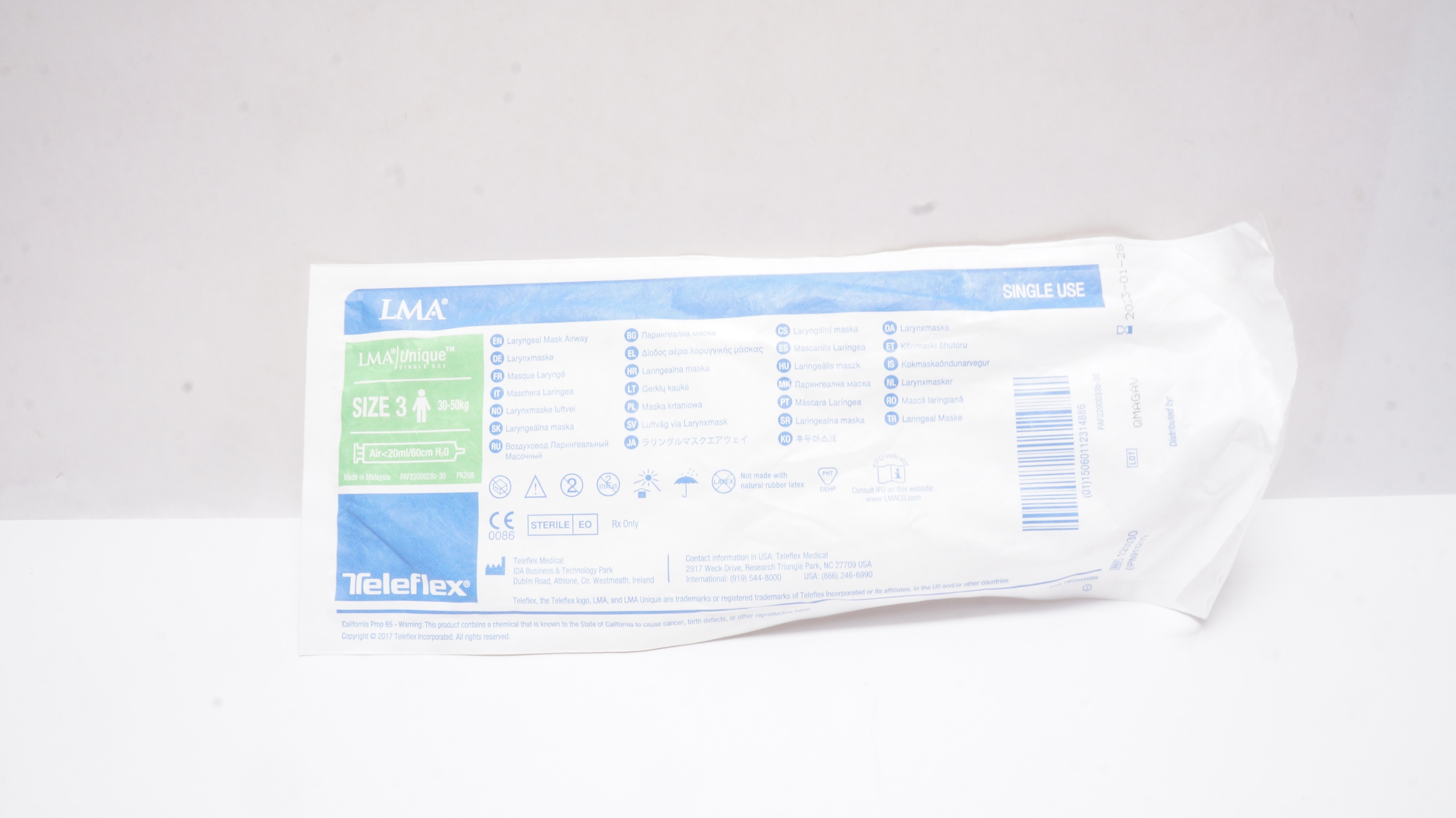 Teleflex 125030 LMA Unique Laryngeal Mask Airway Size 3, 30-50kg (x)