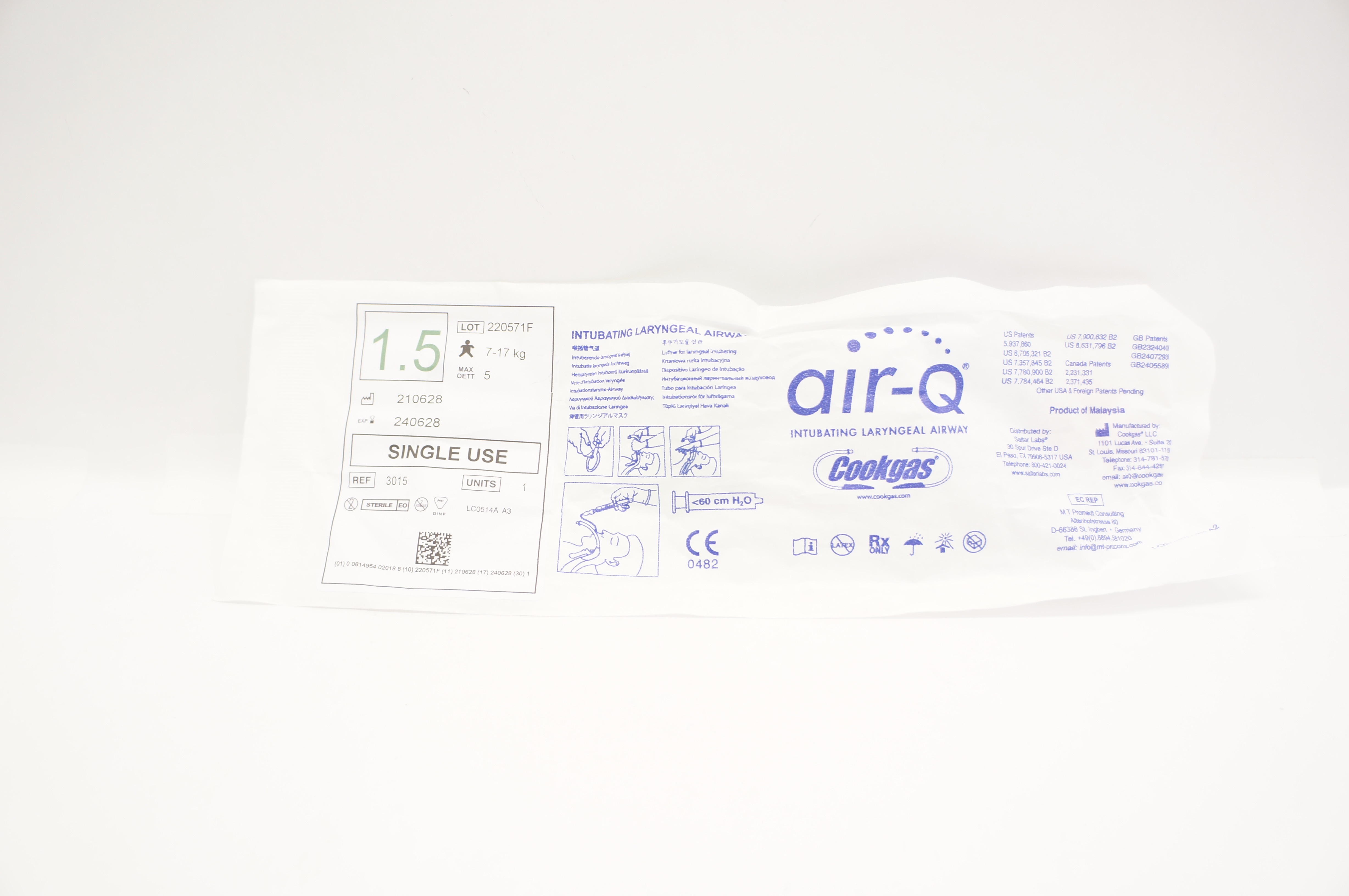 Cookgas 3015 Air-Q Intubating Laryngeal Airway Size 1.5 7-17kg