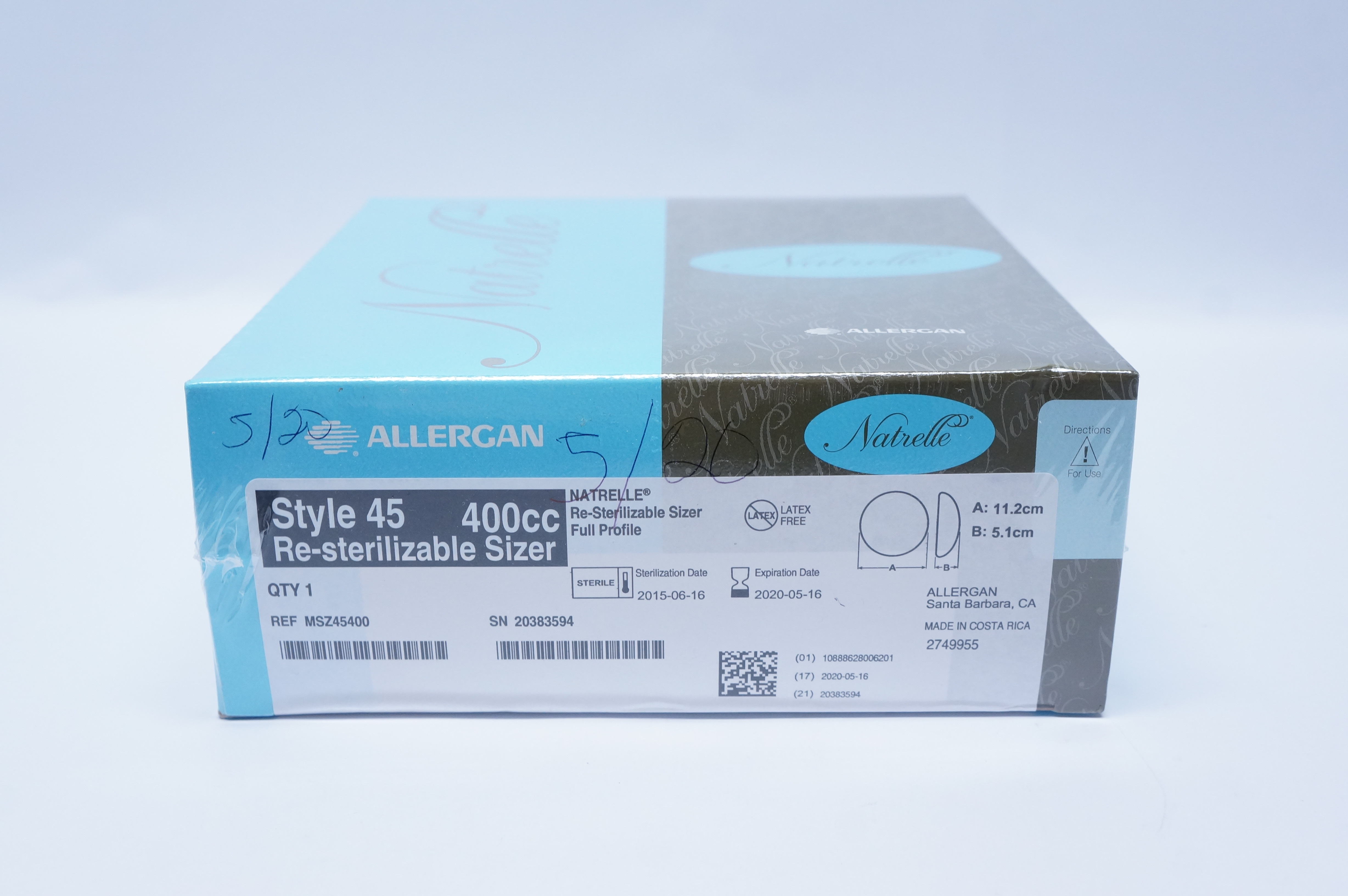 Allergan MSZ45400 Style 45 NATRELLE Re-Sterilizable Sizer 400cc 11.2cm x 5.1cm(x)