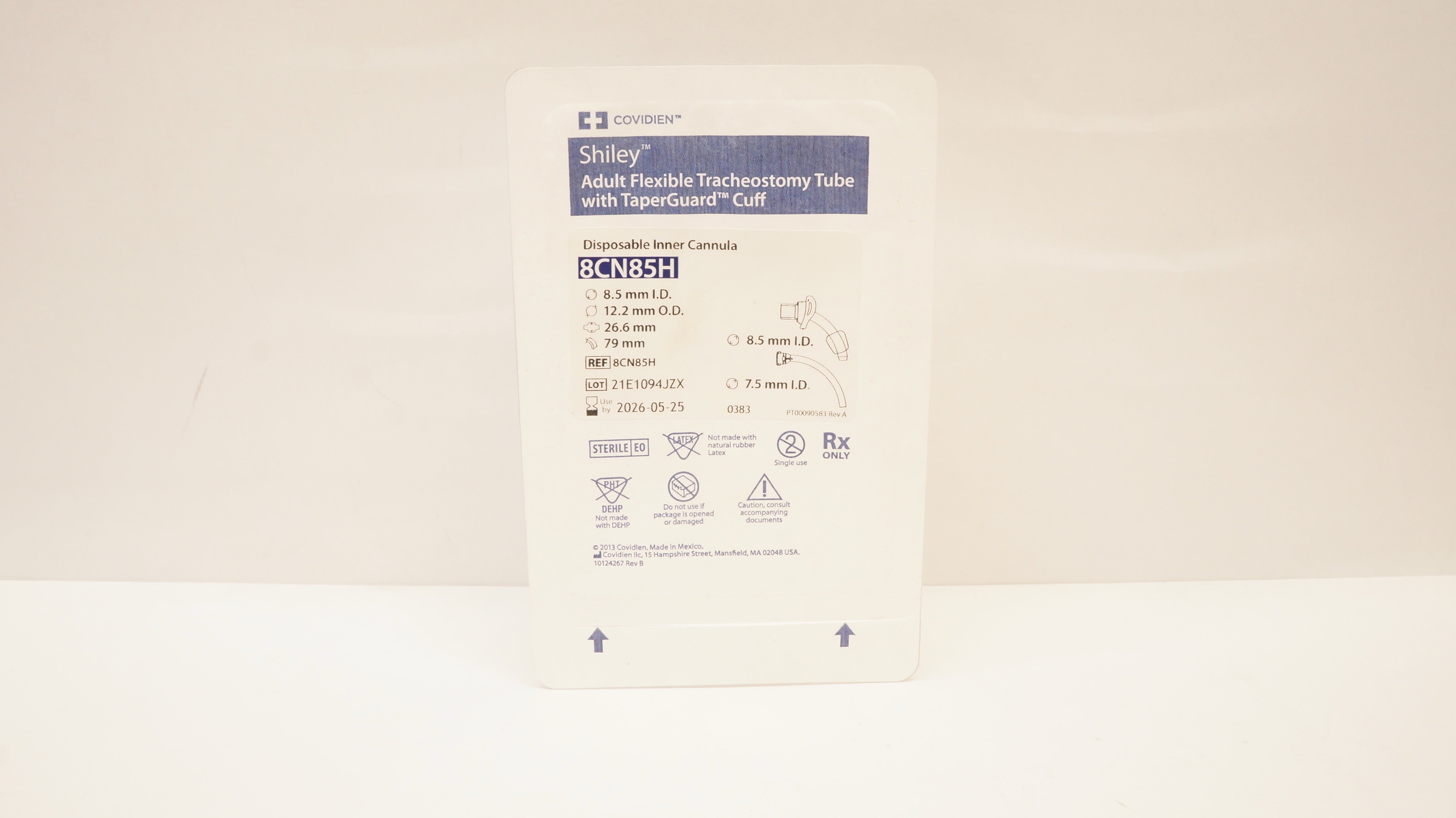 Covidien 8CN85H Shiley Adult Flexible Tracheostomy Tube 8.5ID x 12.2OD x 26.6mm