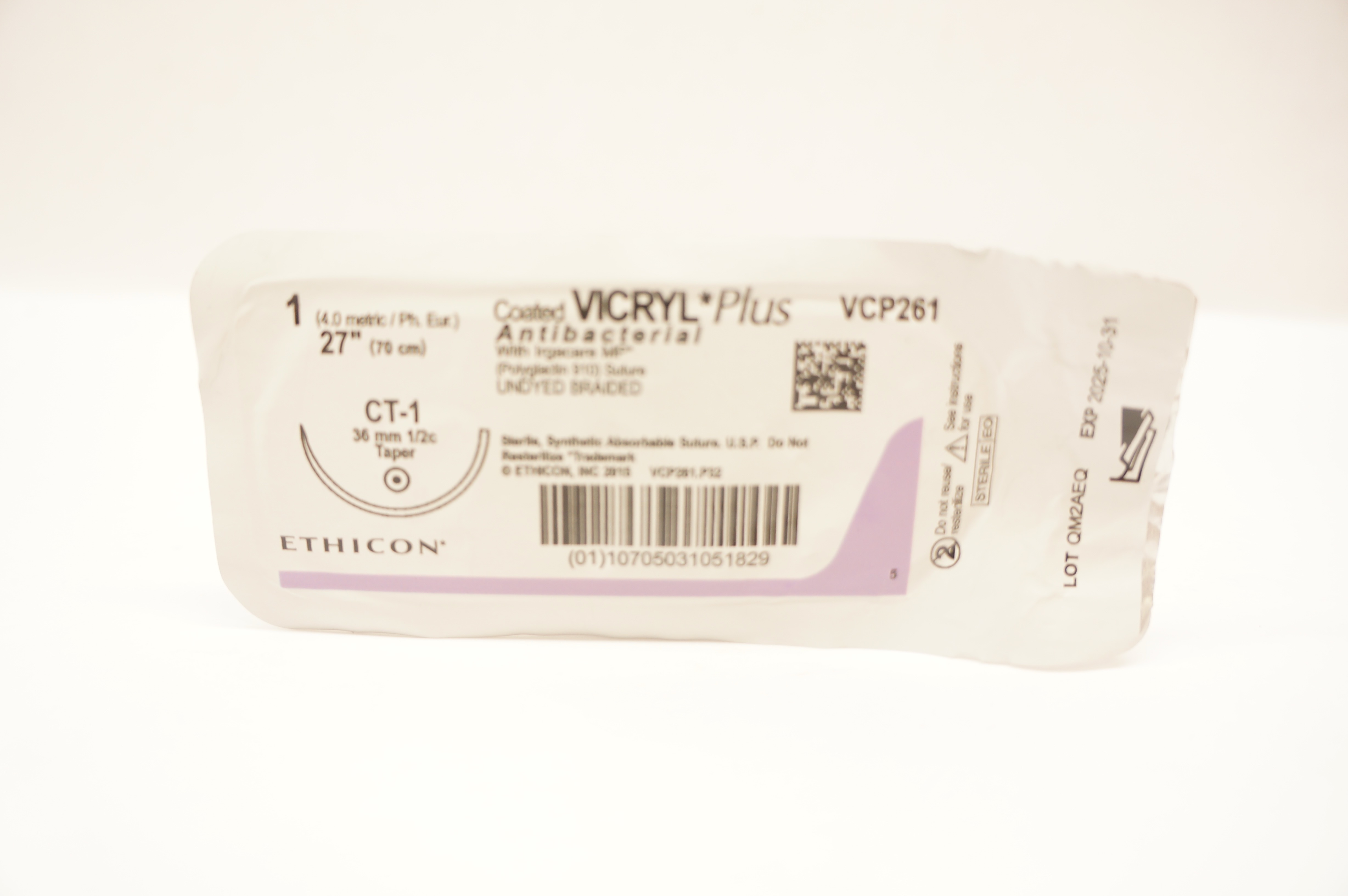 Ethicon VCP261 VICRYL Plus 1  Stre Undyed Braided CT-1 36mm 1/2c Taper 27in