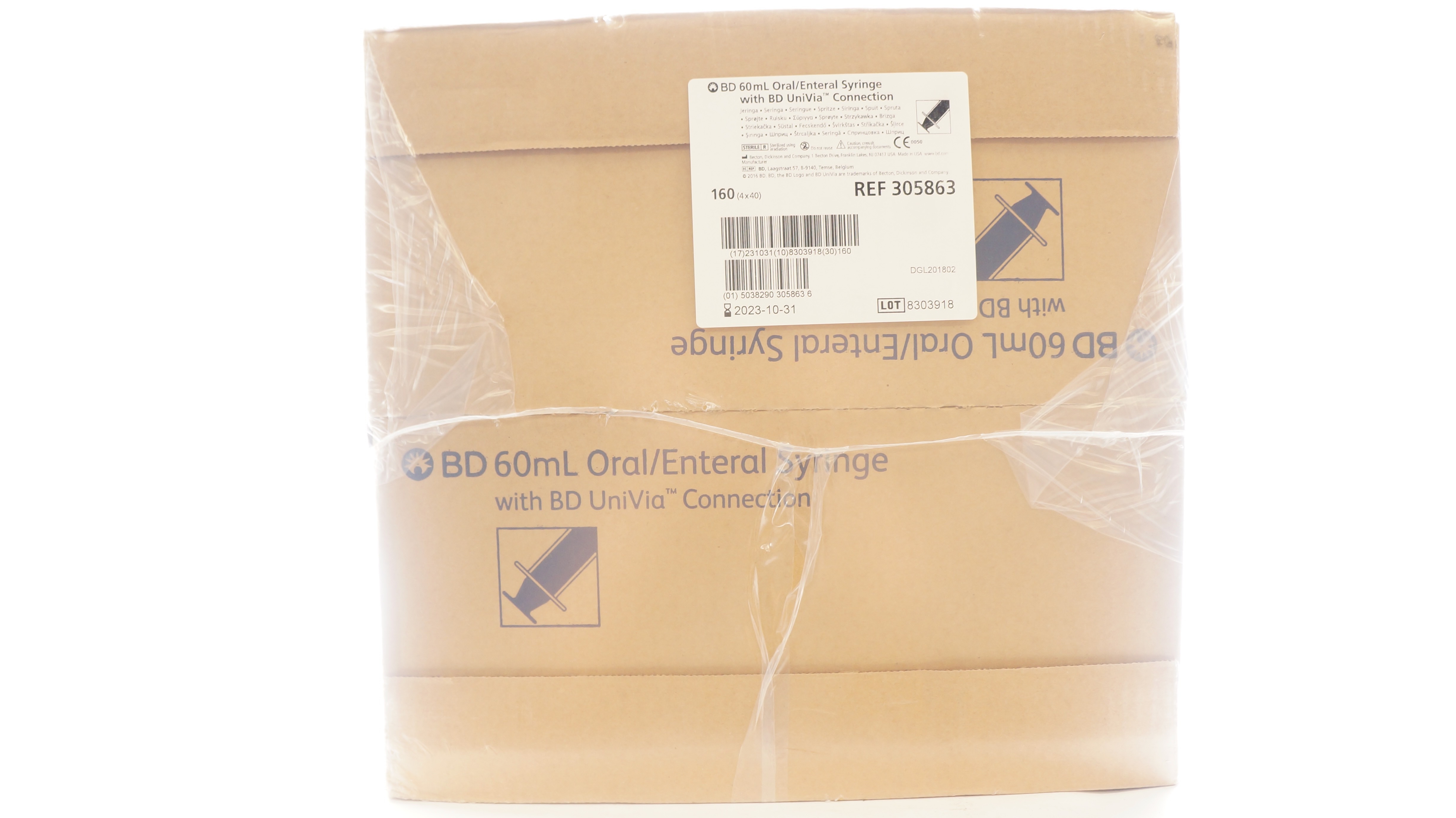 BD 305863 Oral/Enteral Syringe with UniVia Connection 60mL - Case of 160