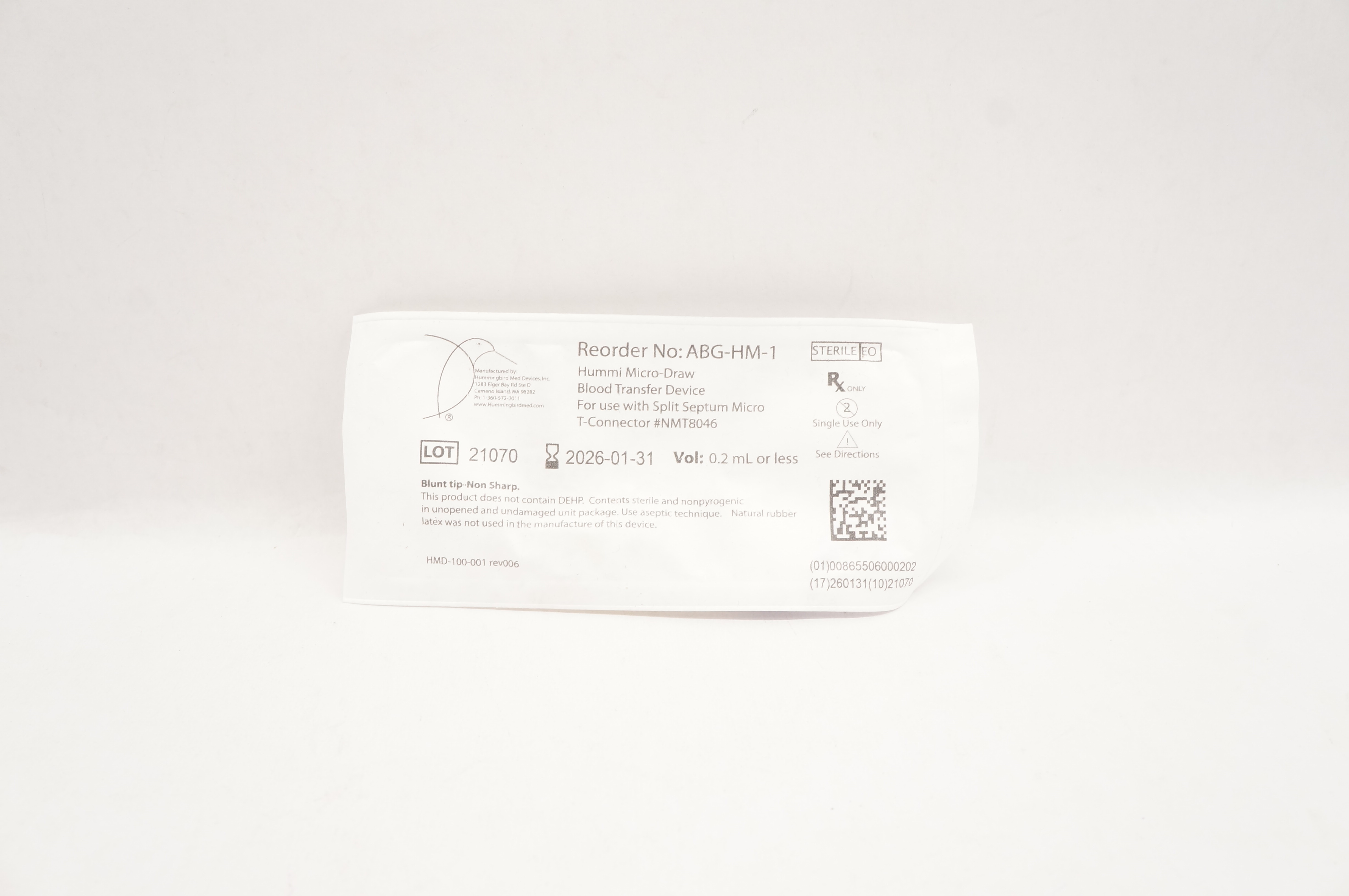 Hummingbird ABG-HM-1 Hummi Micro-Draw Blood Transfer Device