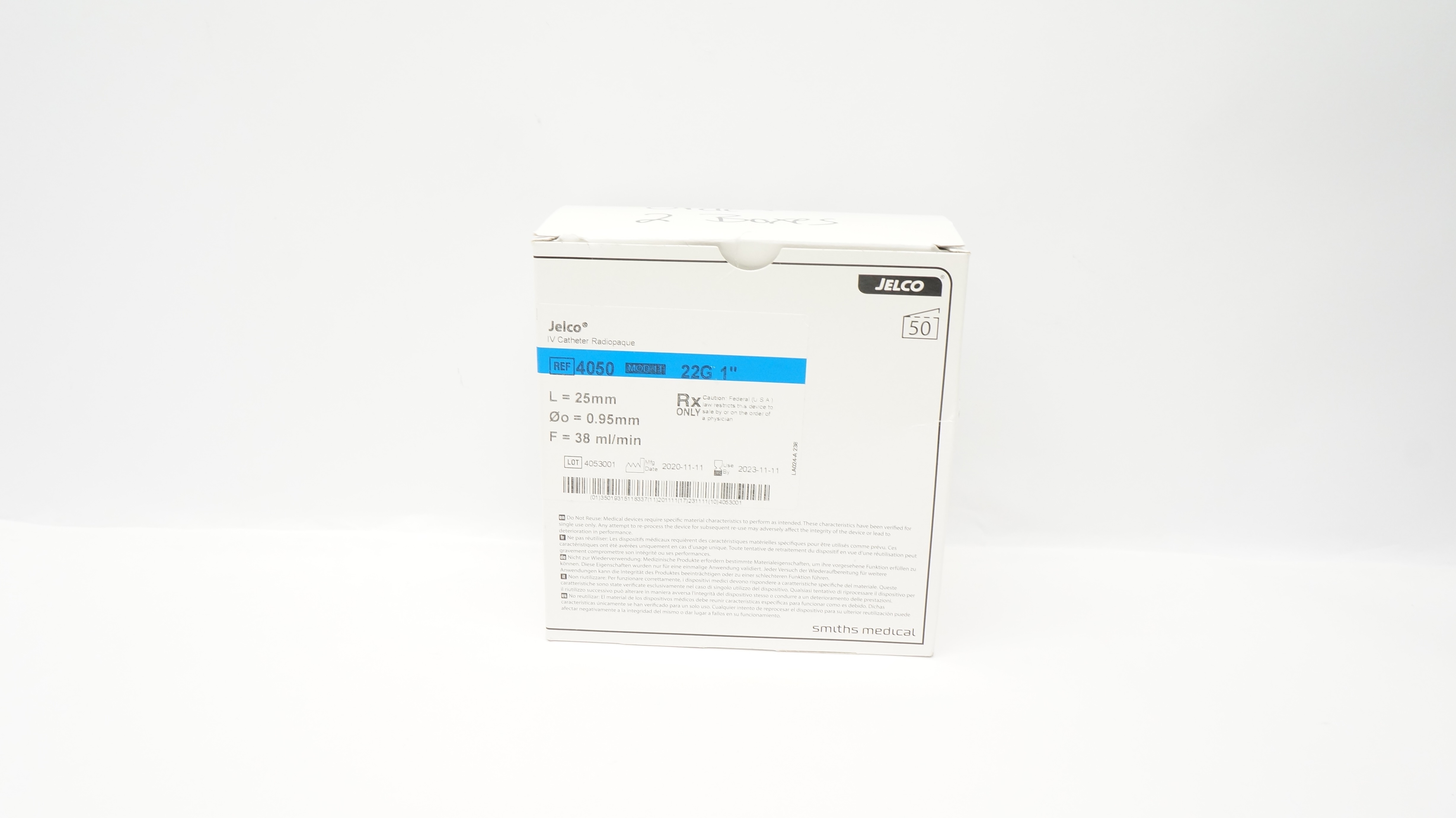 Smiths Medical 4050 Jelco I.V. Cath. Radiopaque 22G x 1inch (x) - Box of 23