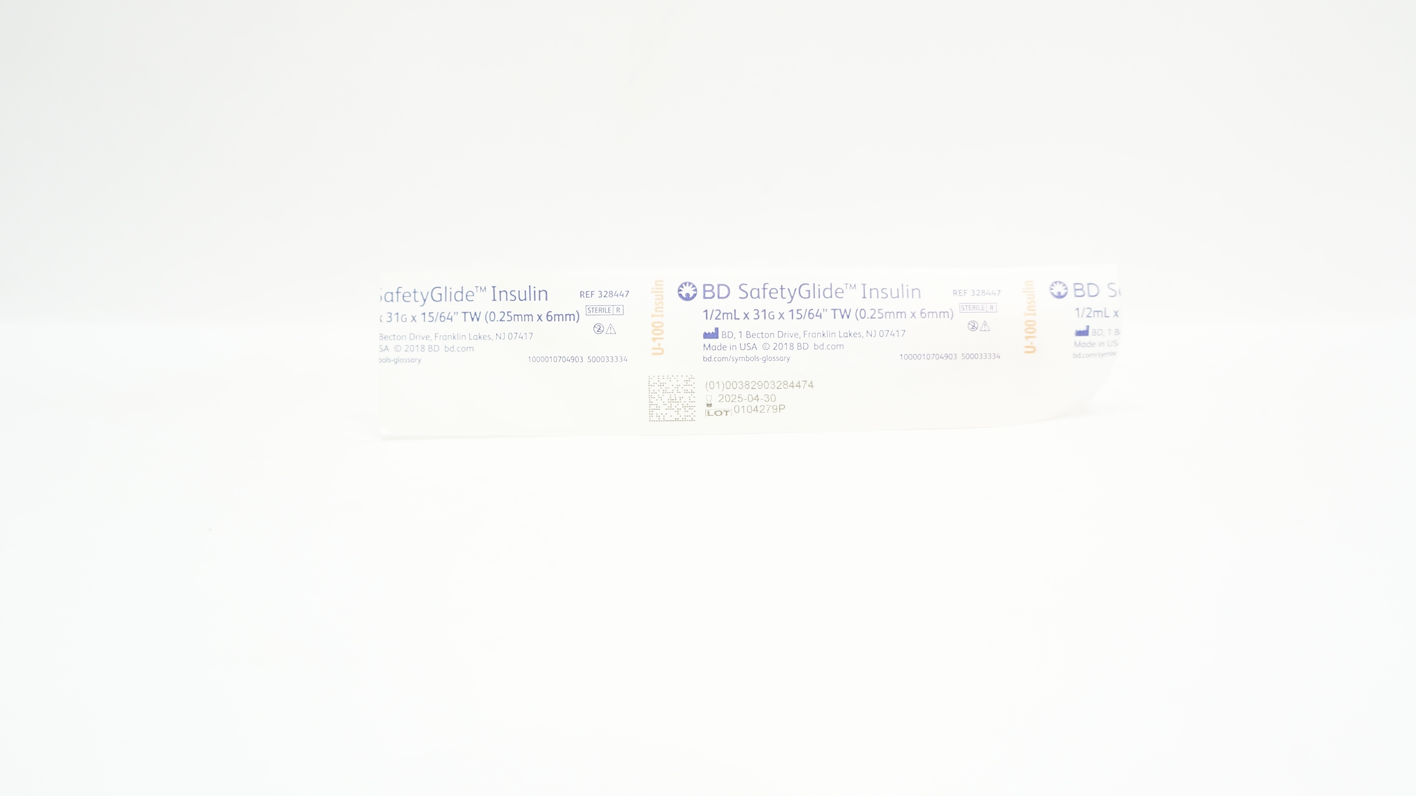 BD 328447 SafetyGlide Insulin Syringe 1/2mL x 31G x 15/64inch TW